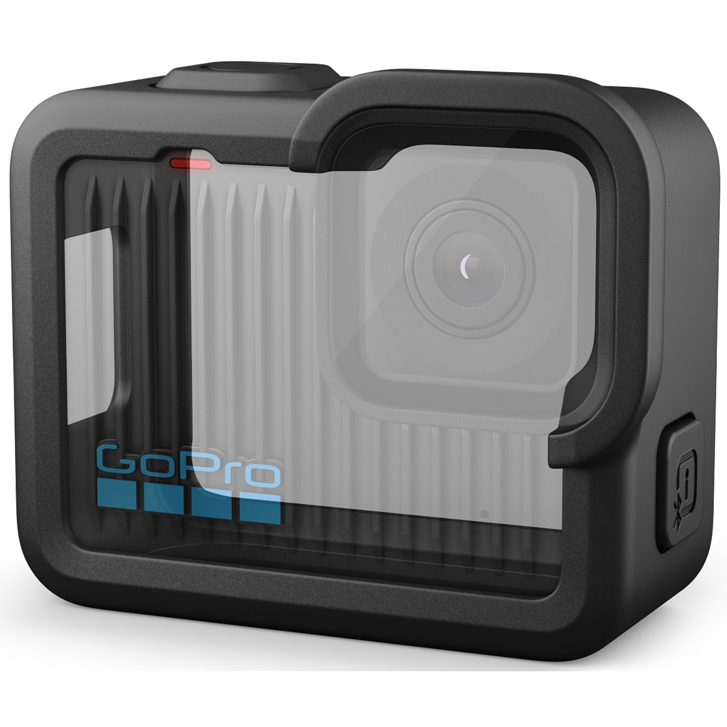 Black GoPro camera in a protective case, showing the lens and the GoPro logo.
