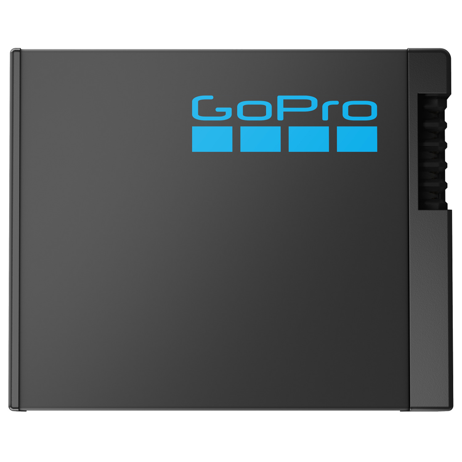 Black GoPro battery with blue GoPro logo.