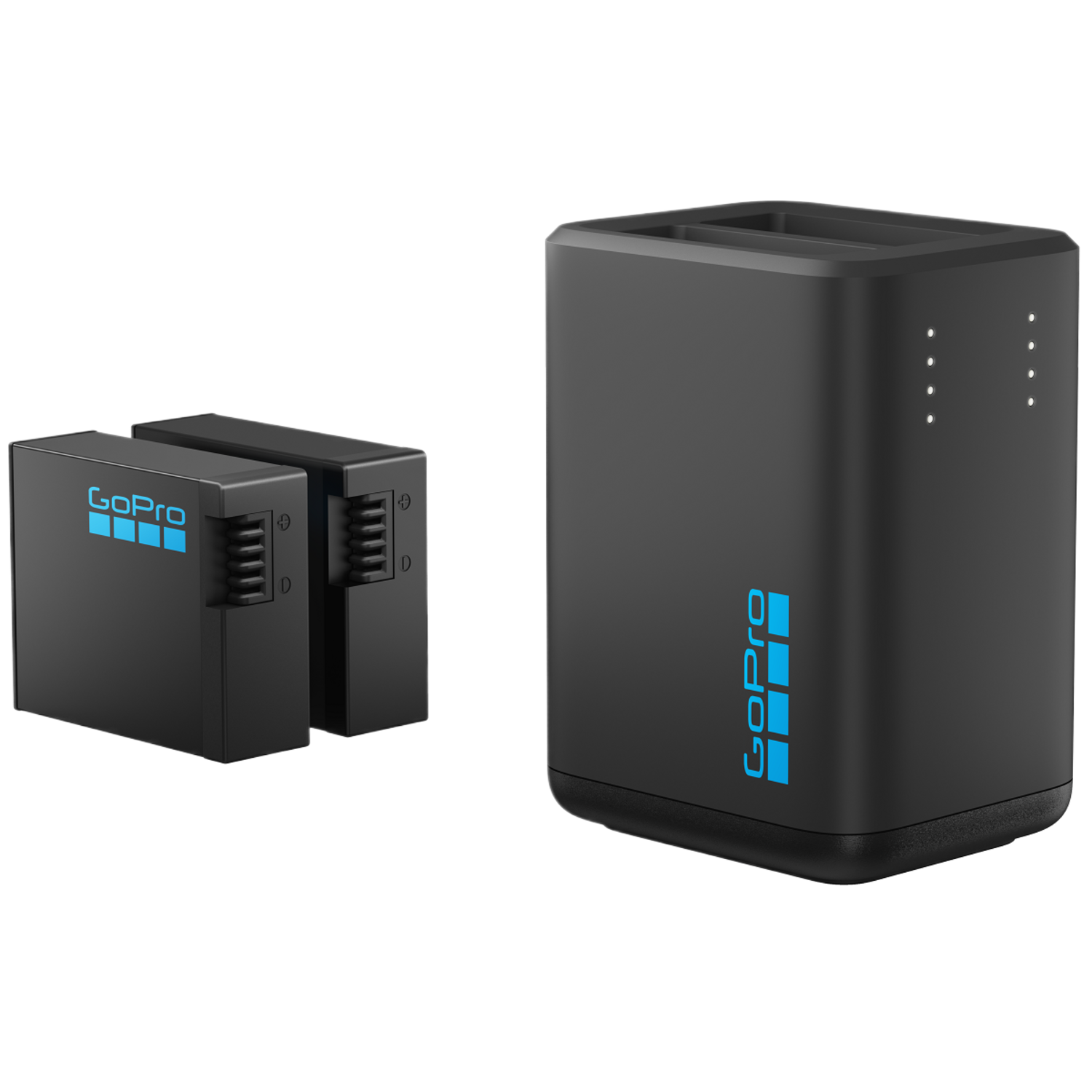 GoPro dubbele batterijlader en twee batterijen. Lader is zwart met blauw logo.