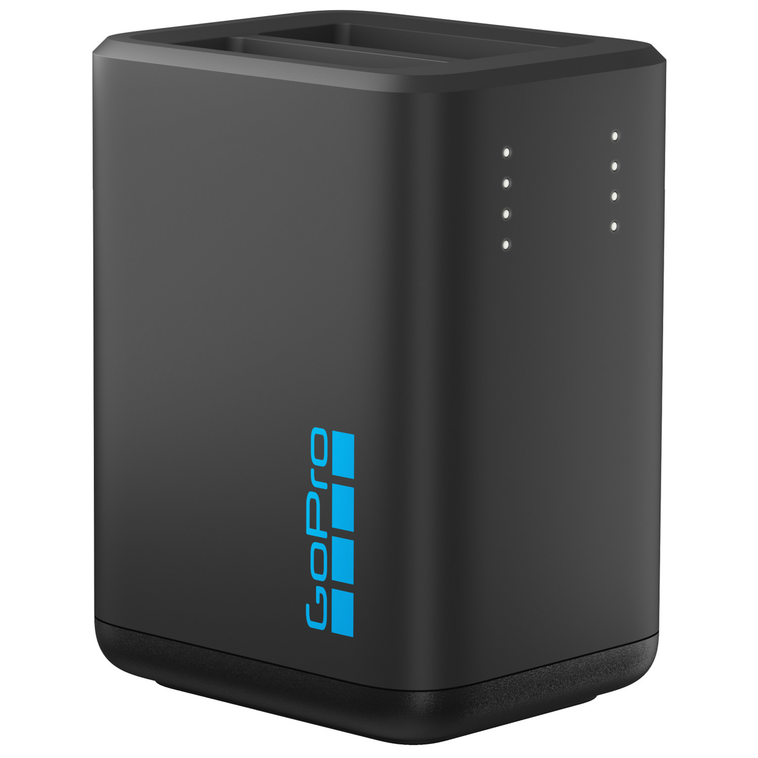 Zwarte GoPro dubbele batterijlader. Het heeft het GoPro-logo in blauw op de voorkant.