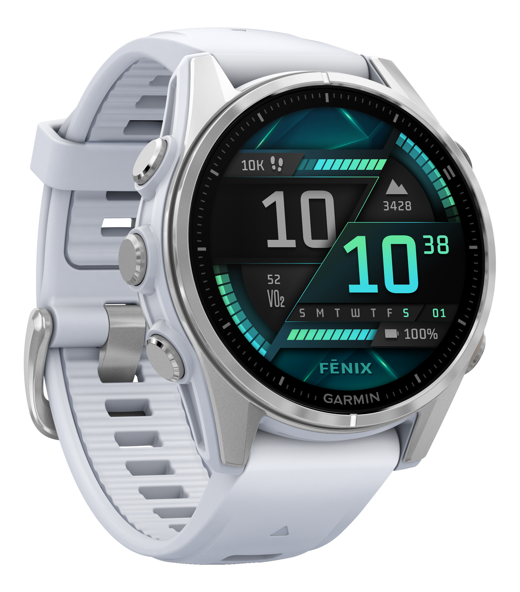 Montre Garmin Fenix blanche avec un affichage numérique indiquant l'heure, les statistiques et une piste de course.