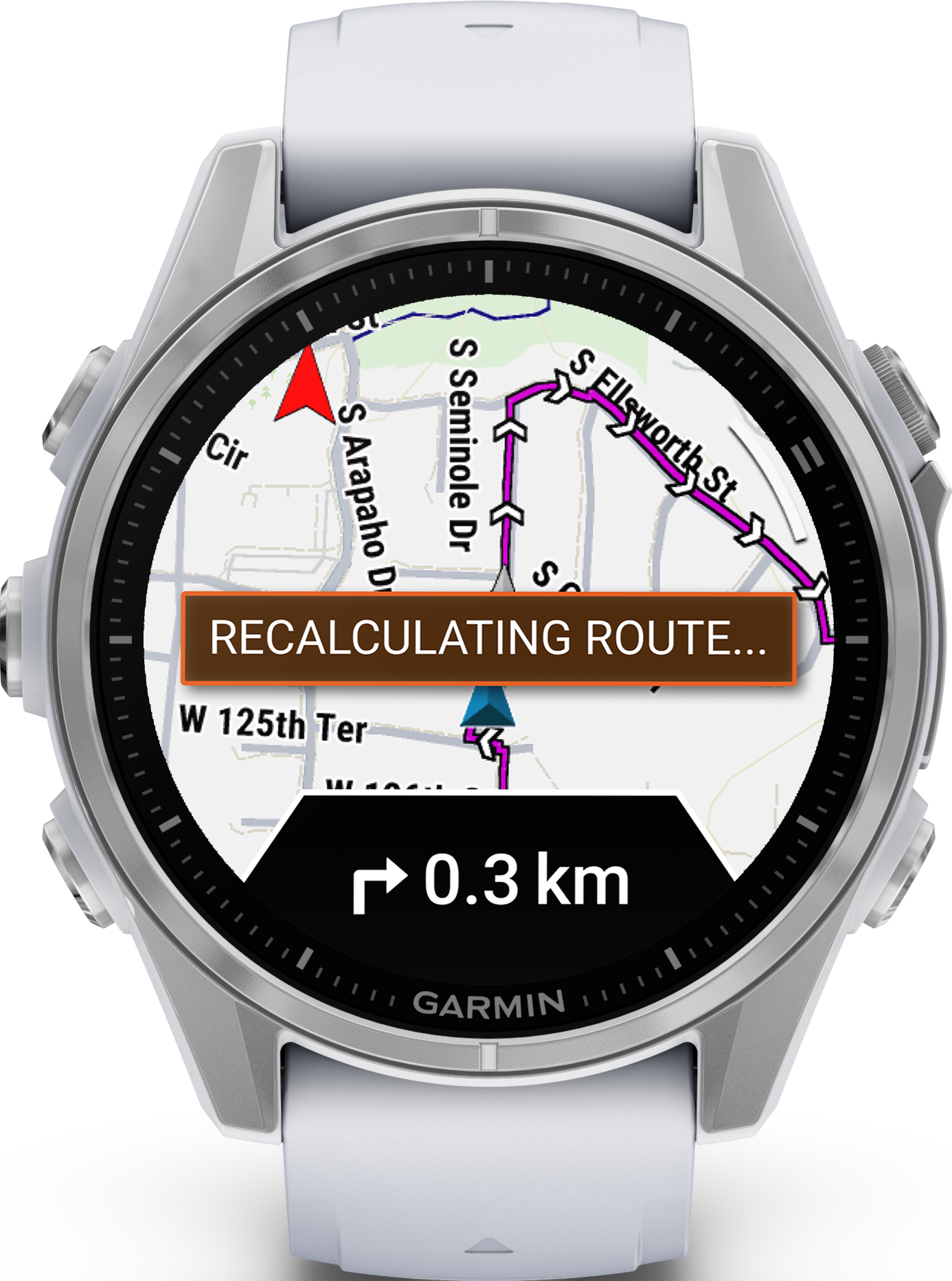 Une montre intelligente Garmin avec une carte sur l'écran, montrant un itinéraire en cours de recalcul.