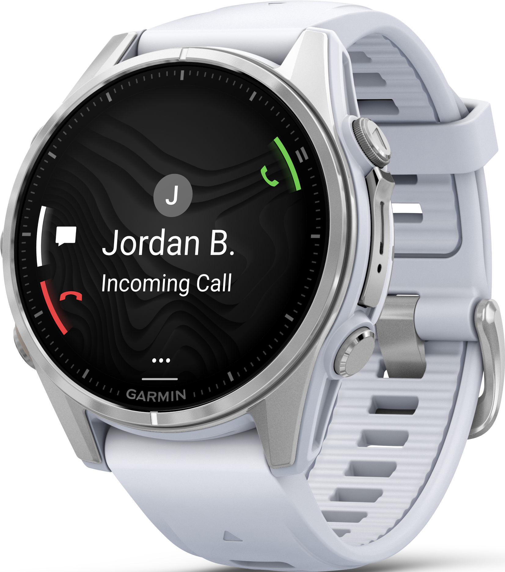 Smartwatch affichant un appel entrant de "Jordan B." avec une icône de téléphone rouge et verte.