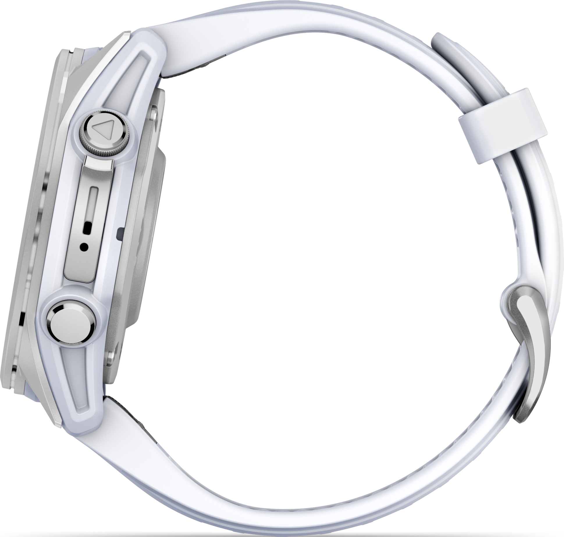 Montre connectée blanche avec bracelet blanc. Vue latérale montrant les boutons et l'écran.