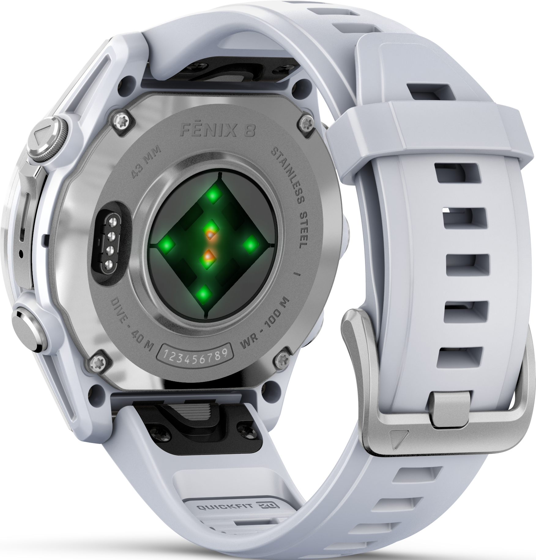 Vue arrière de la smartwatch Garmin Fenix 8 blanche avec capteurs de fréquence cardiaque verts et bracelet.
