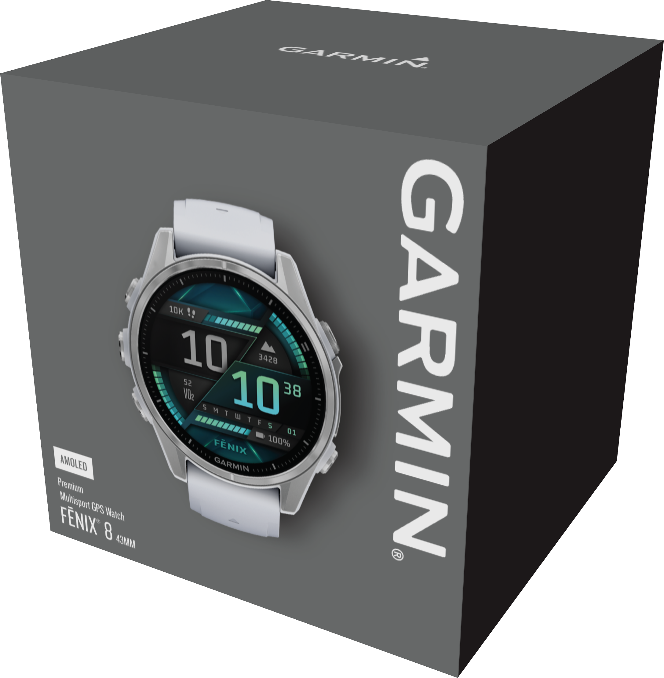 Boîte de la montre connectée Garmin Fenix 8. La montre est blanche avec écran numérique.