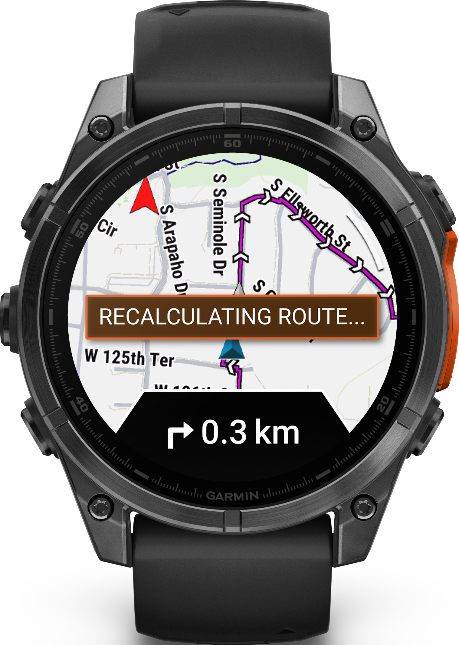 Montre intelligente Garmin avec une carte affichant un itinéraire et le texte "RECALCUL DE L'ITINÉRAIRE...".