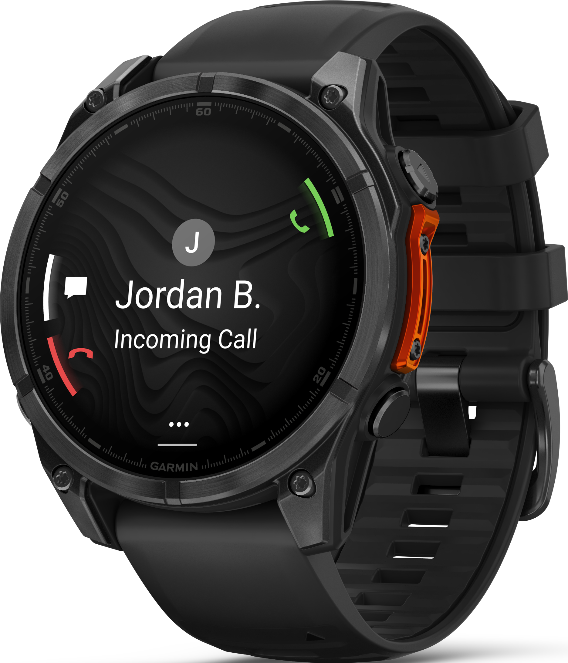 Smartwatch avec alerte d'appel entrant ; l'écran affiche Jordan B.