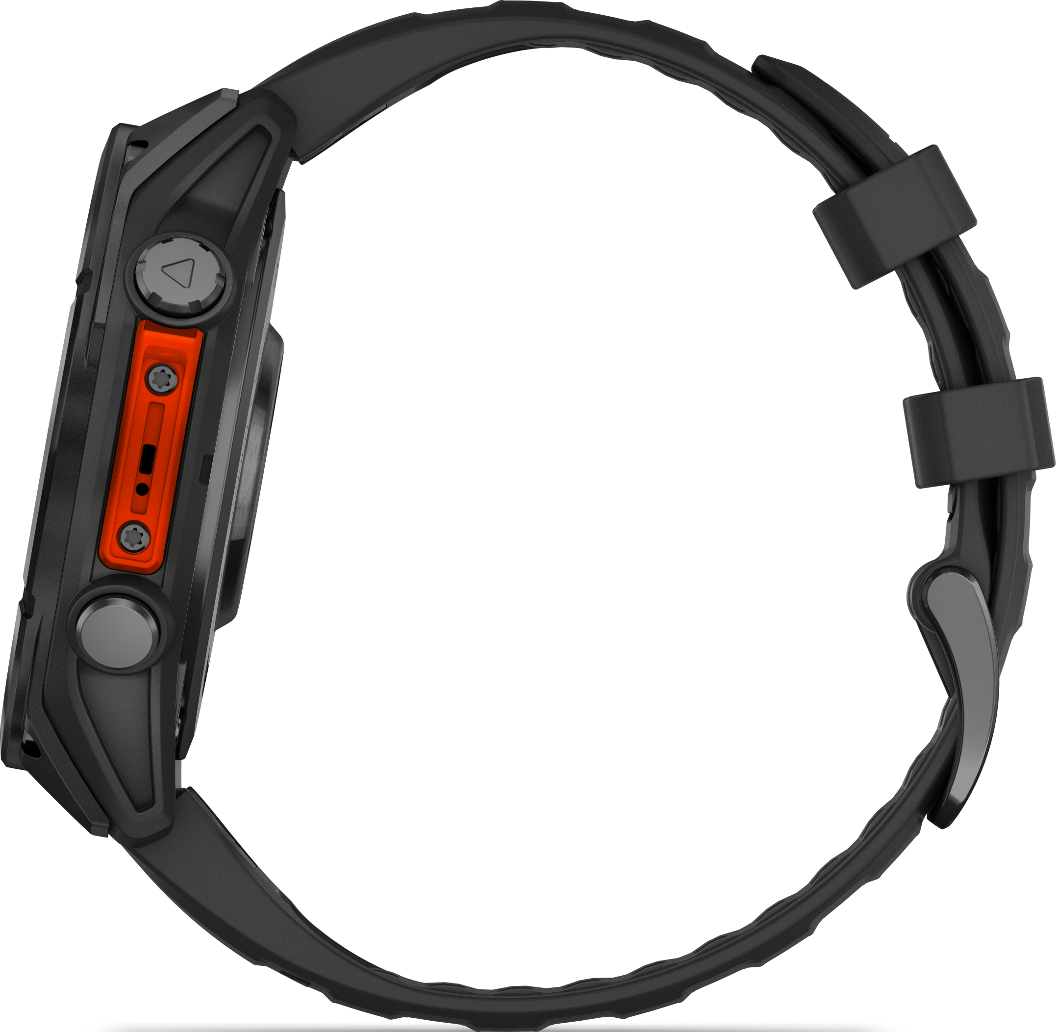 Vue latérale d'une montre intelligente noire avec bracelet noir. Bouton d'accent orange.
