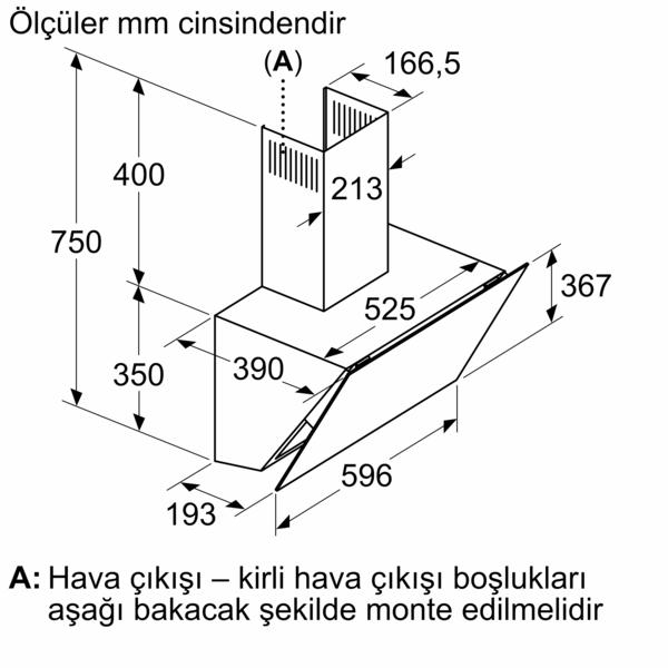 Bir mutfak davlumbazının teknik çizimi, ölçüleri ve hava çıkışının üstten görünümü.