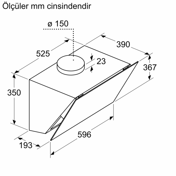 Mutfak davlumbazının teknik çizimi, milimetre cinsinden ölçüler, beyaz zemin.