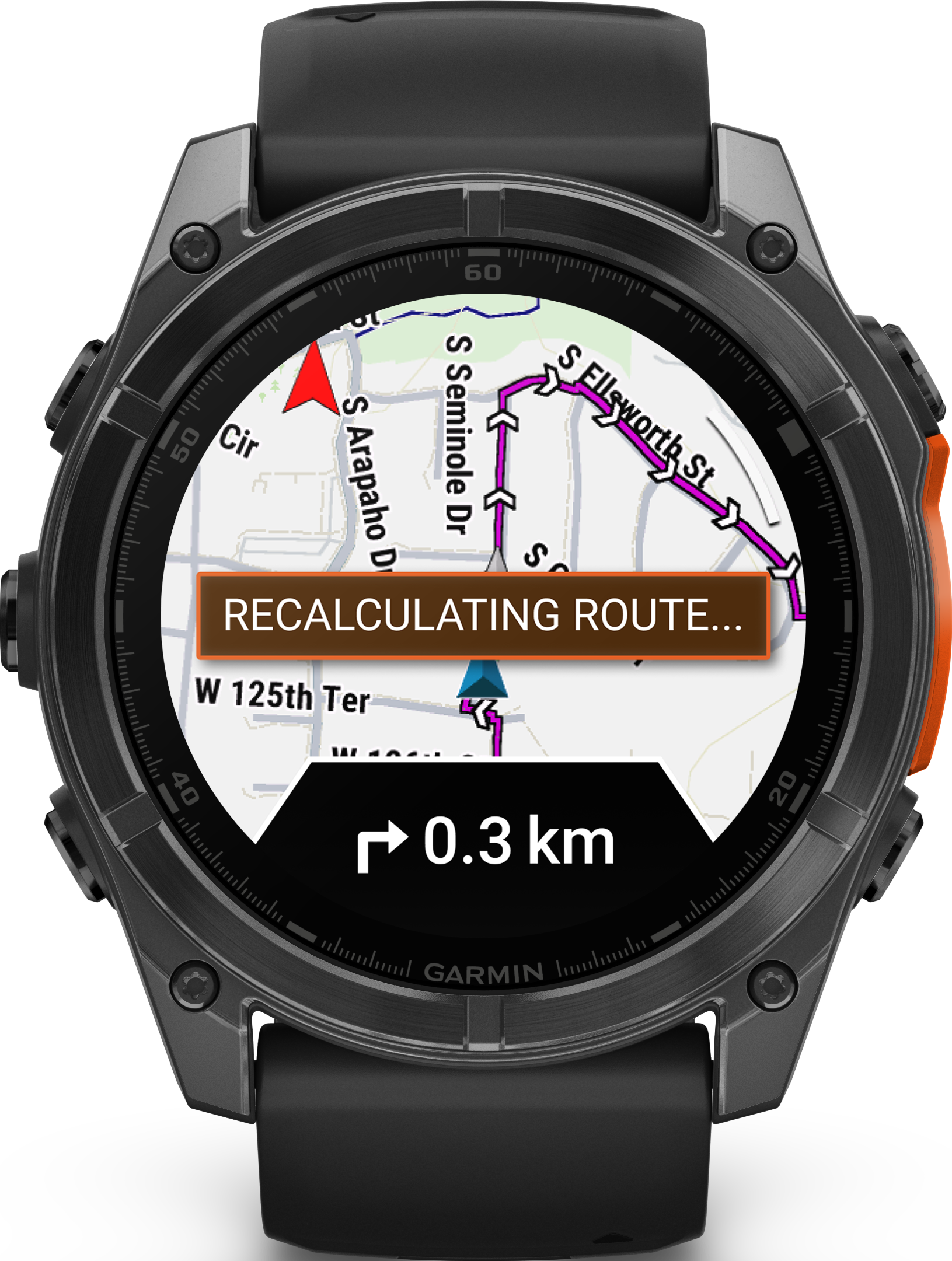 Schermo smartwatch che mostra percorso con messaggio 'ricalcolo percorso'.