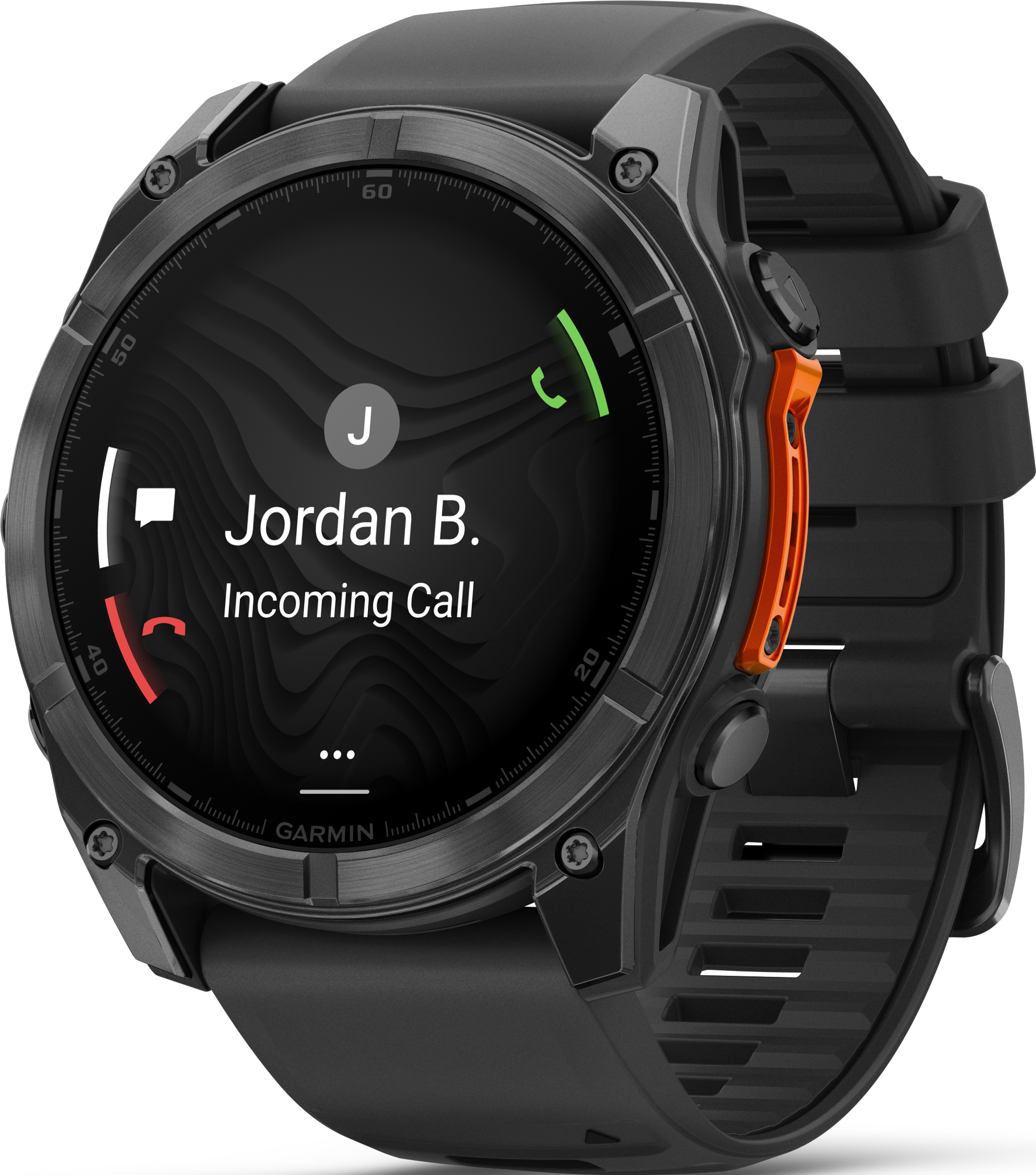 Smartwatch nero con dettagli arancioni, che mostra una chiamata in arrivo da Jordan B.