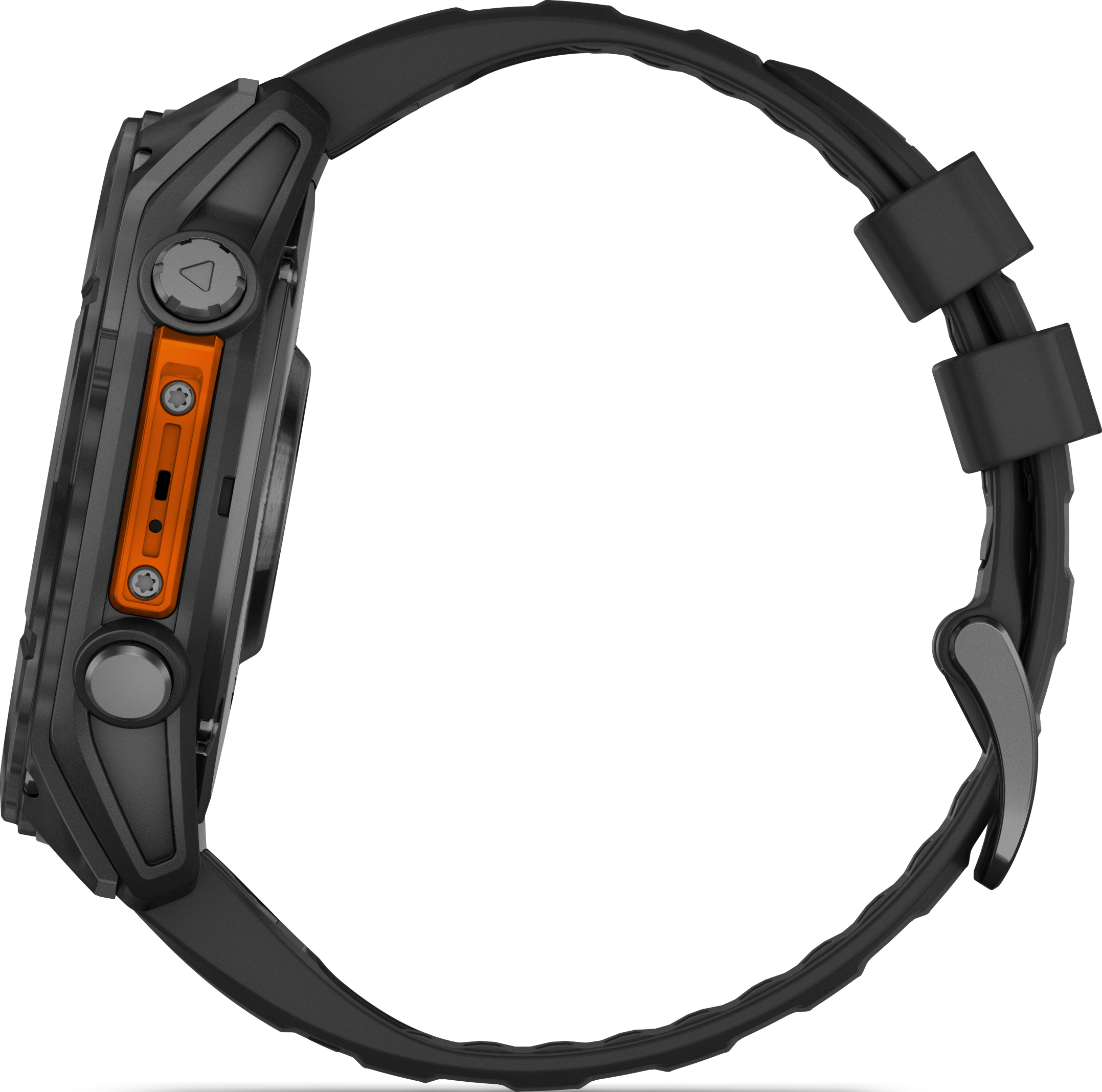 Vista laterale di uno smartwatch Garmin nero con dettagli arancioni.