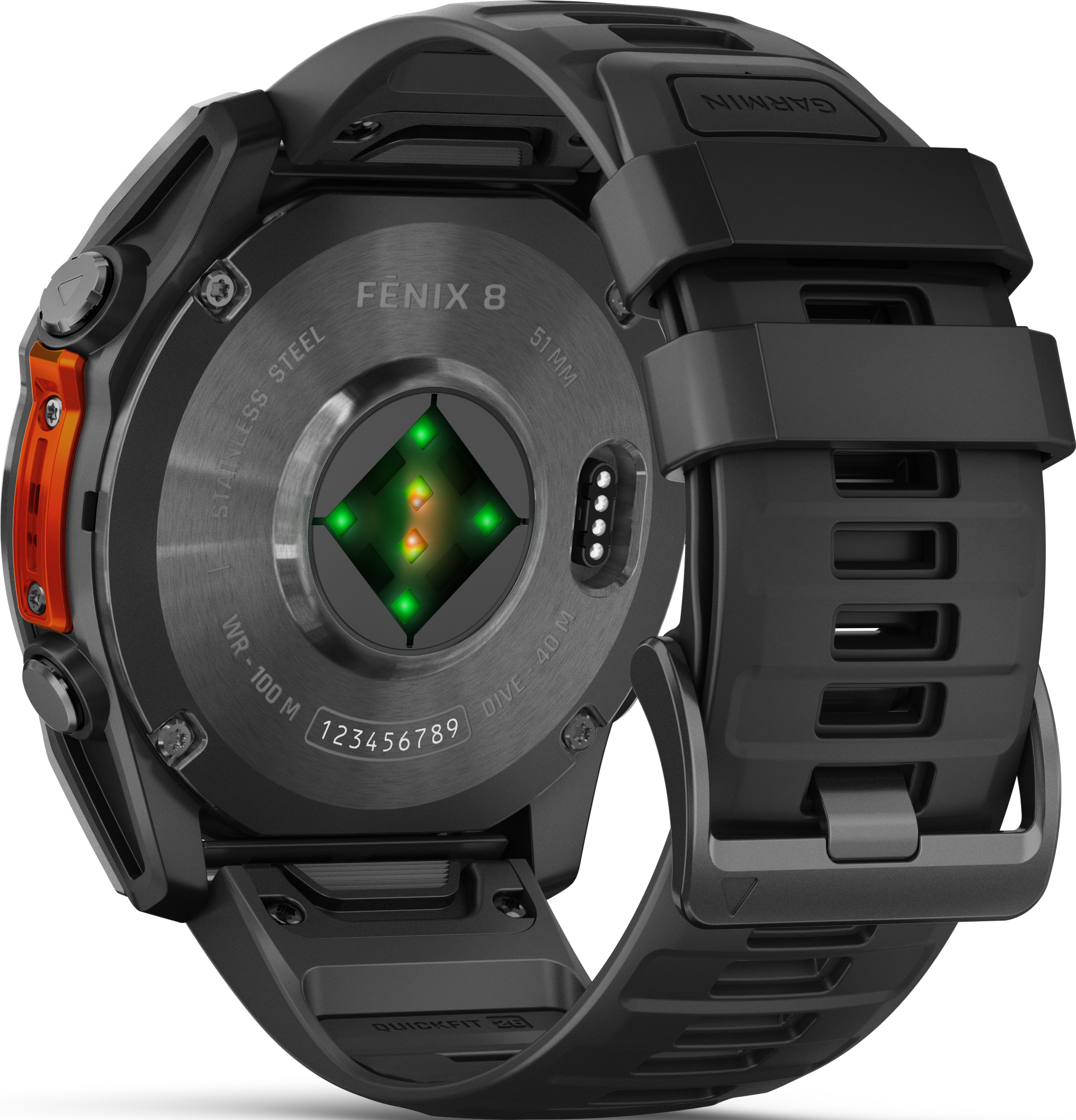 Primo piano del retro di uno smartwatch Garmin Fenix 8. Dettagli includono pulsanti, sensori e il marchio.