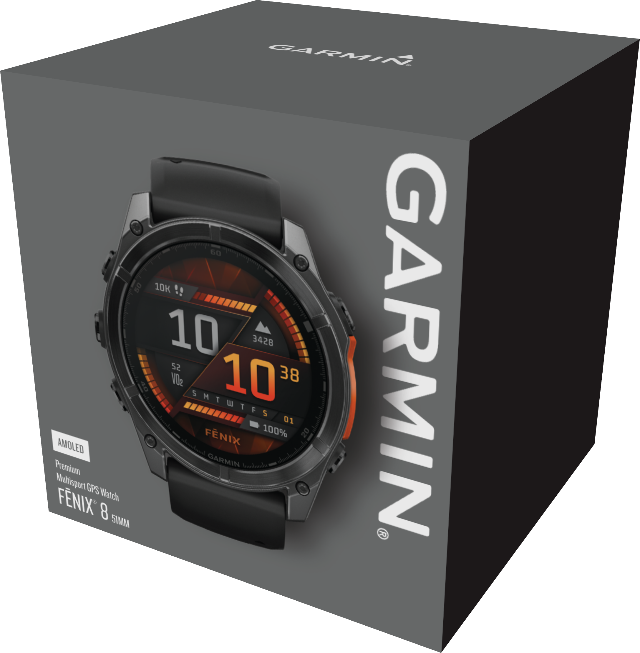 Uno smartwatch Garmin in una scatola, con l'orologio che mostra numeri e un display simile a una mappa.