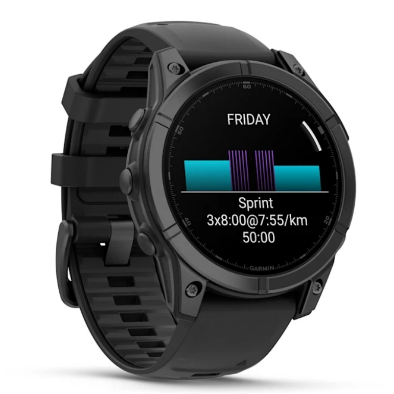 Czarny smartwatch z wyświetlaczem pokazującym czas i dane treningowe. Czarny pasek.