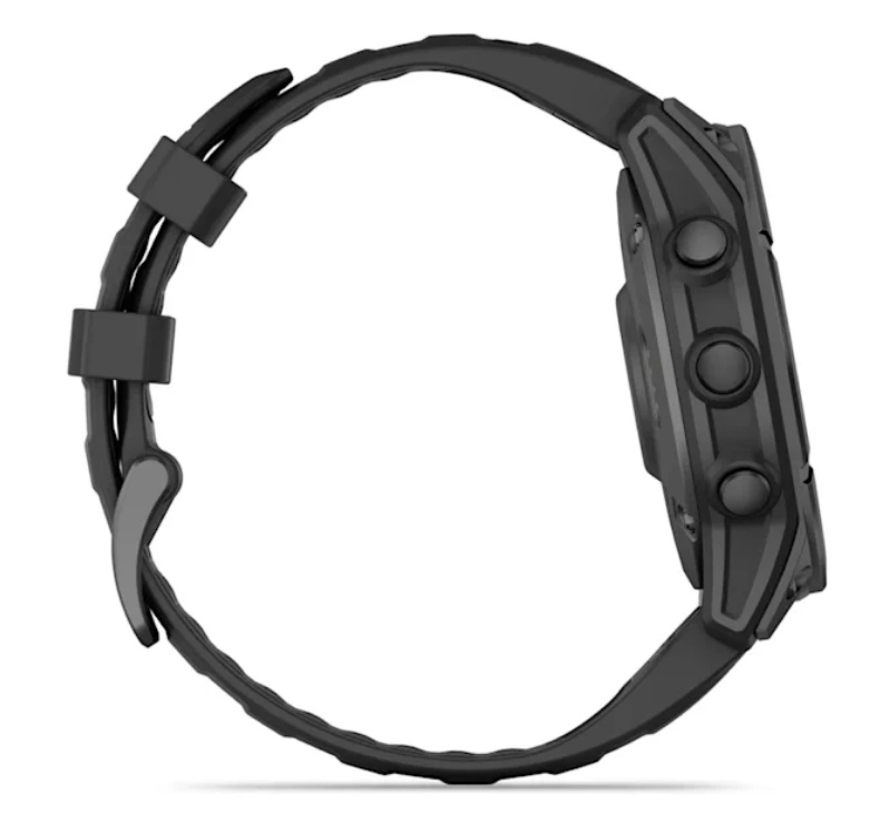 Czarny smartwatch z boku, czarny pasek, trzy przyciski po prawej stronie.