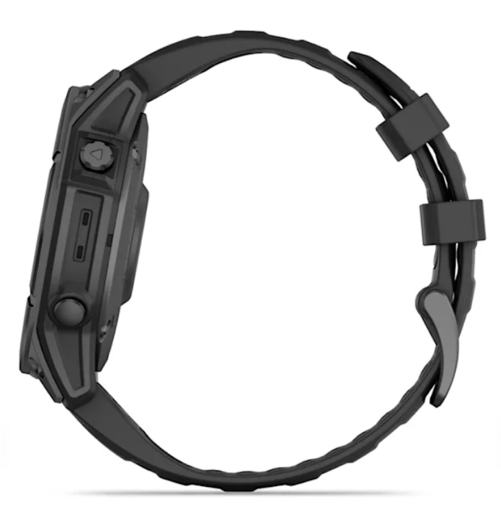 Widok z boku czarnego smartwatcha Garmin Fenix 8. Pasek jest czarny, a zegarek okrągły.