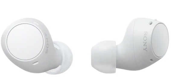 Para białych słuchawek Sony, jedna pokazuje bok, druga przód.