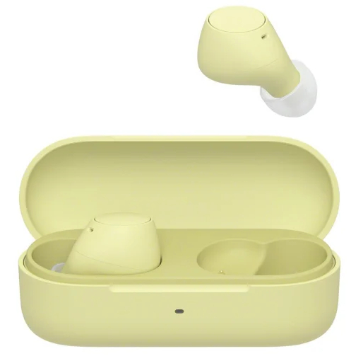 Żółte słuchawki douszne i etui ładujące, z jedną słuchawką oddzielnie, na białym tle.
