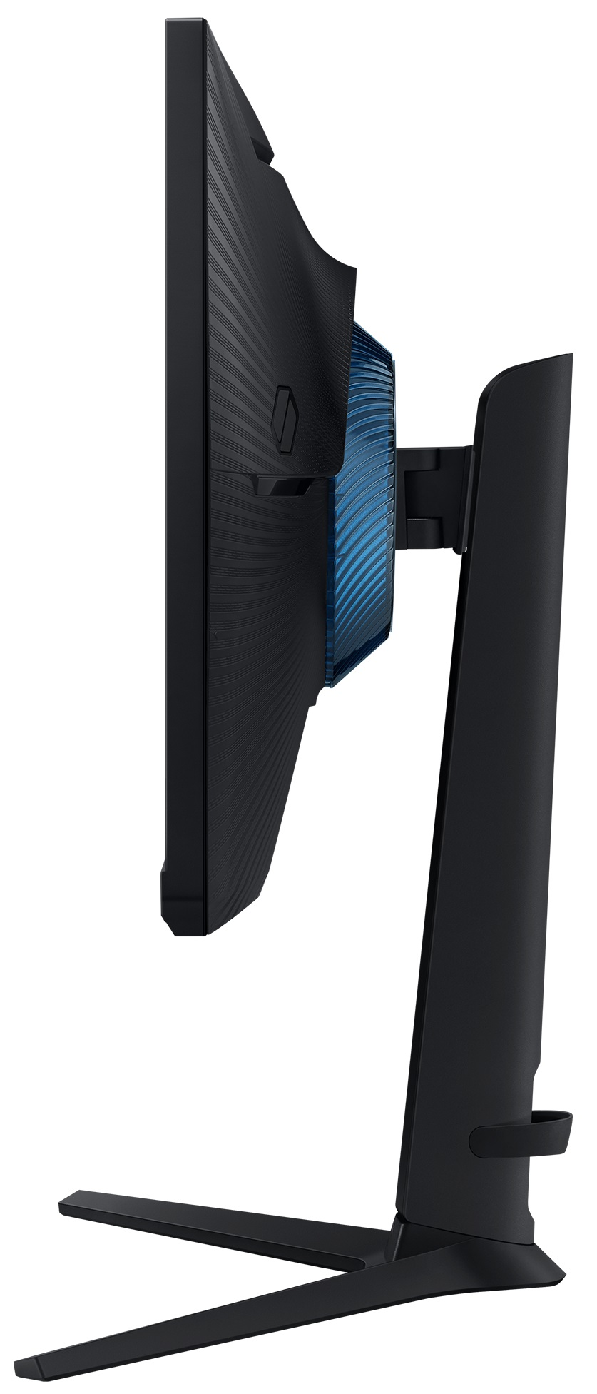 Czarno-niebieski monitor komputera, widok z boku, z eleganckim designem i podstawą.