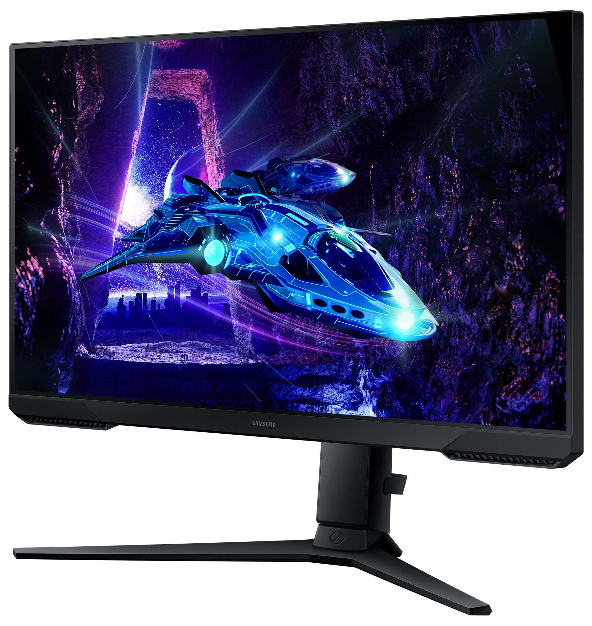 Monitor do gier wyświetlający statek kosmiczny w scenerii kosmicznej. Czarny stojak i ramka.