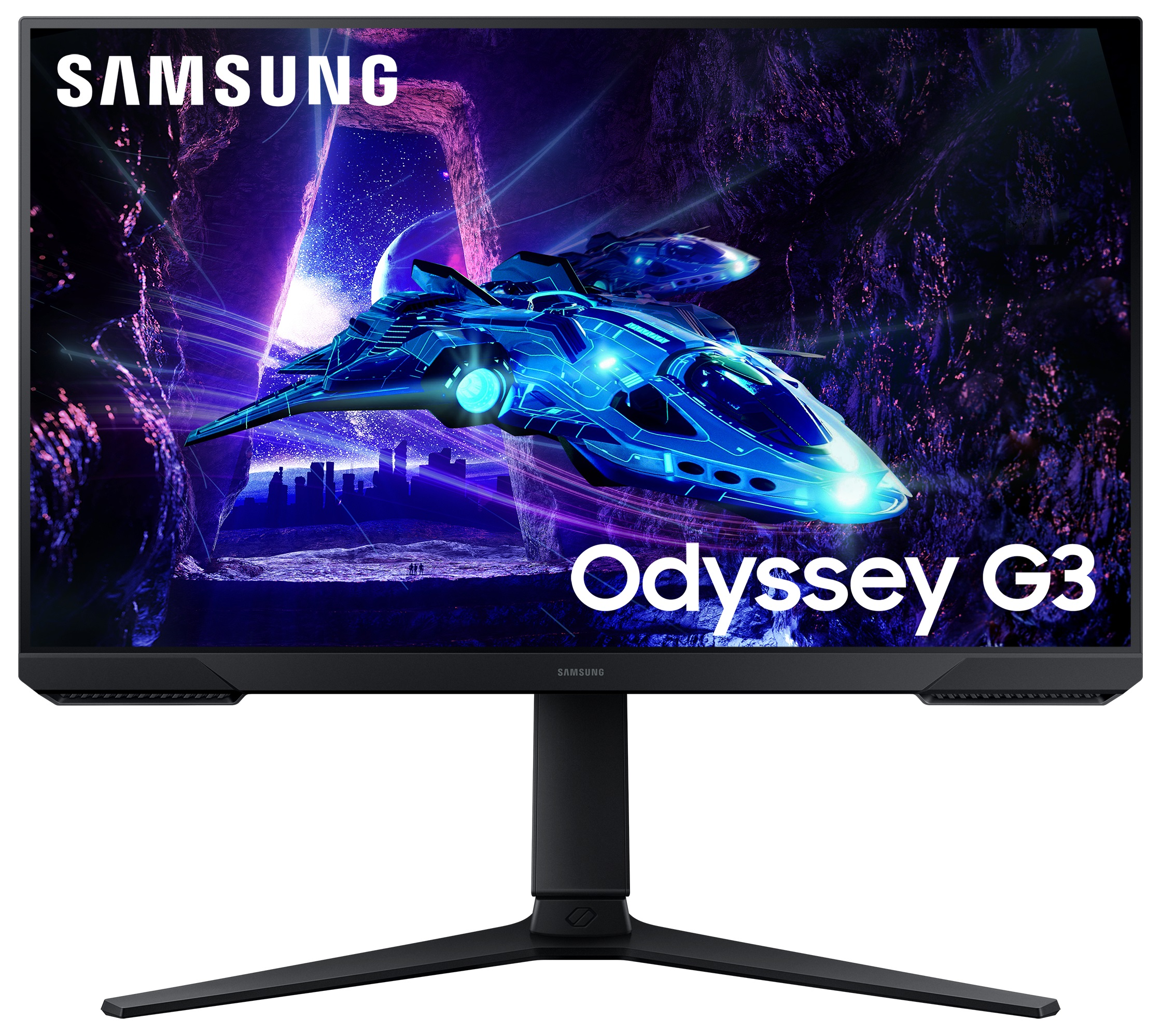 Monitor Samsung Odyssey G3. Czarny z grafiką statku kosmicznego i logo Samsung na górze.