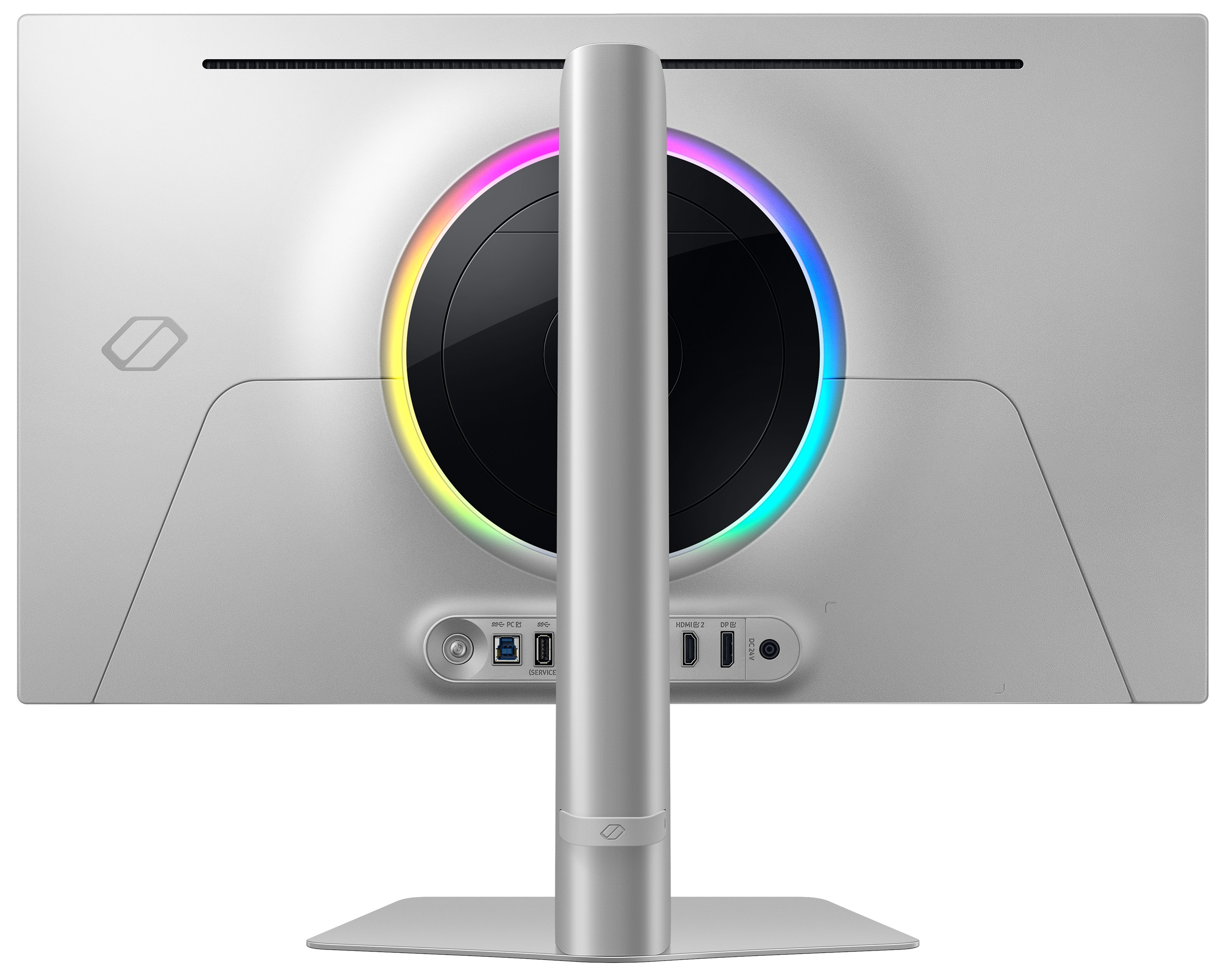 Tył białego monitora z kolorowym pierścieniem świetlnym, portami i podstawą.