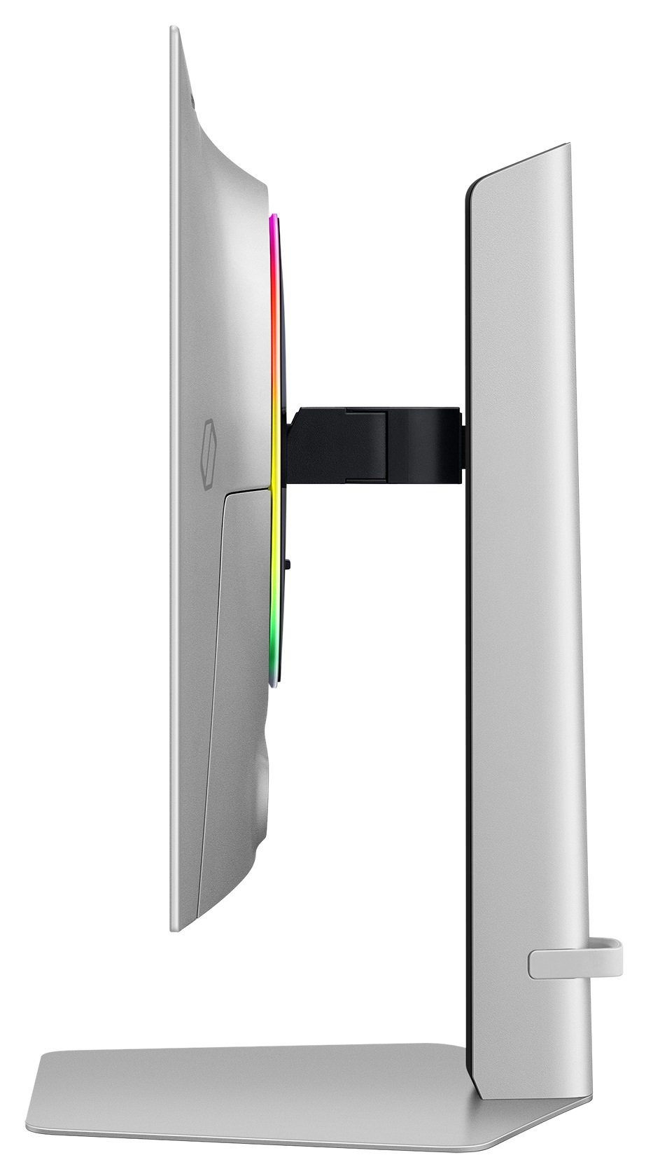 Monitor komputerowy oglądany z boku. Ma podstawę i światła RGB.