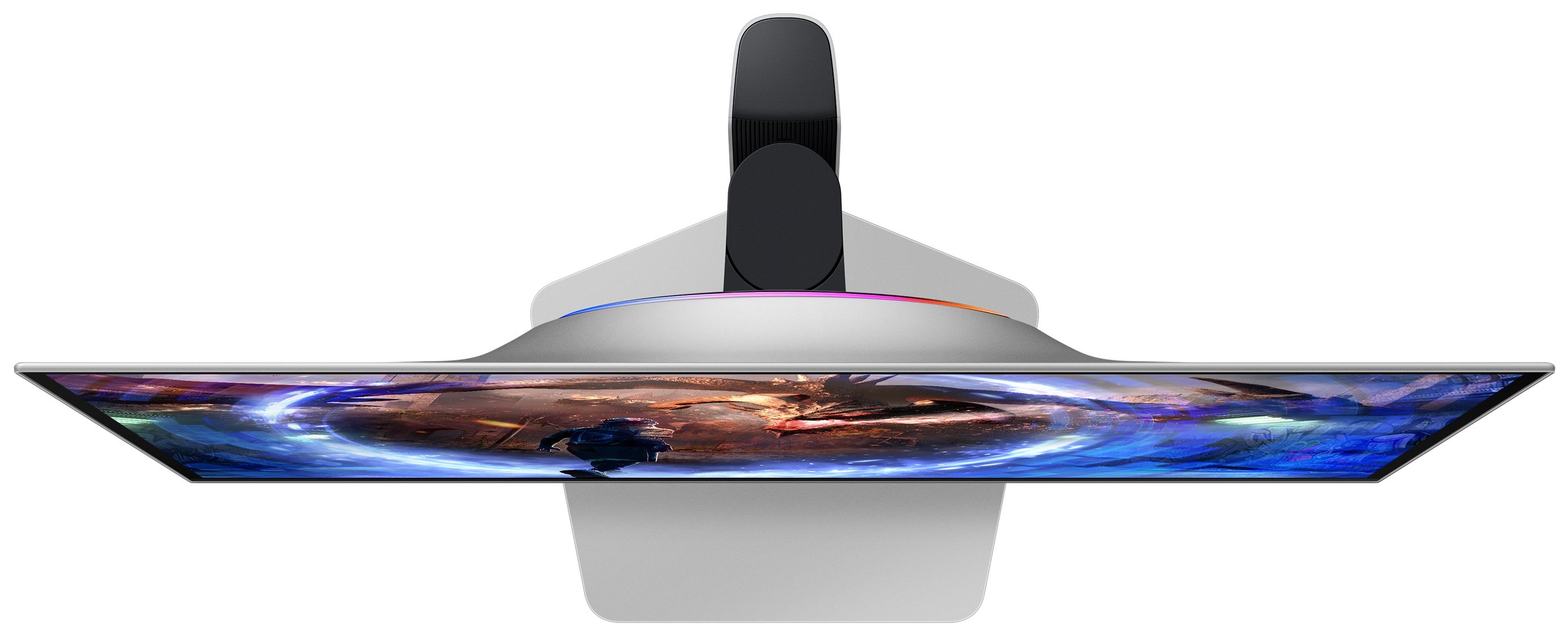 Monitor, widok z góry. Wyświetla scenę bitwy z czarną podstawą i srebrną podstawą.