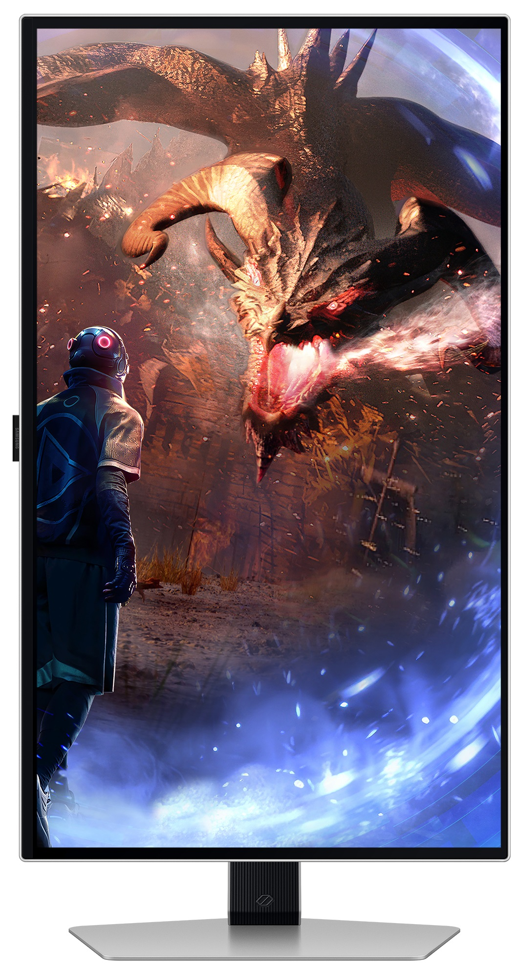 Monitor pokazujący fantastyczną scenę rycerza walczącego ze smokiem.