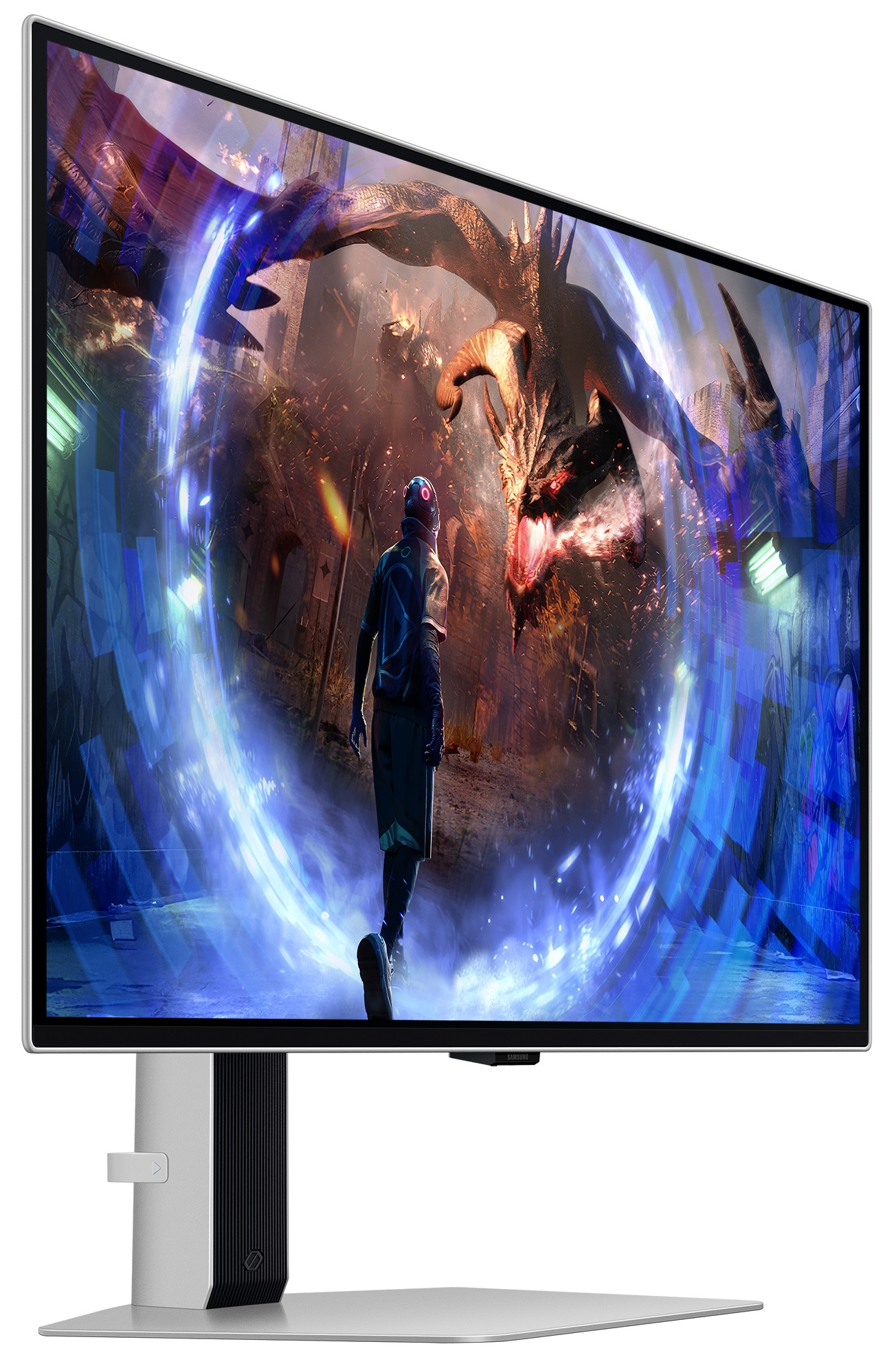 Monitor wyświetlający atak smoka. Postać idzie w jego kierunku. Futurystyczna scena.