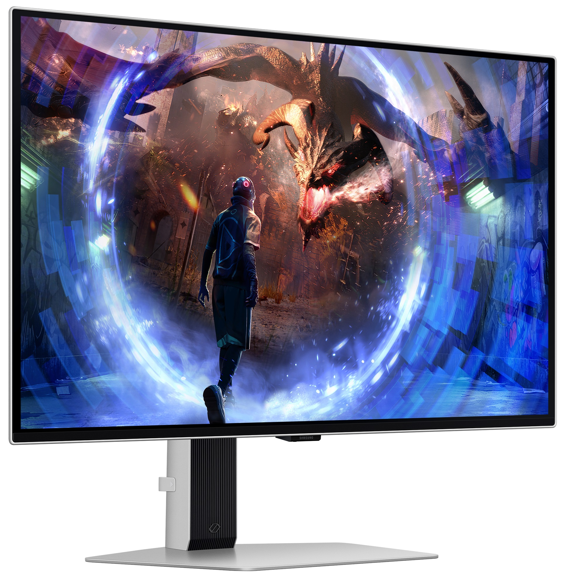 Monitor wyświetlający scenę smoka atakującego osobę w futurystycznym mieście.