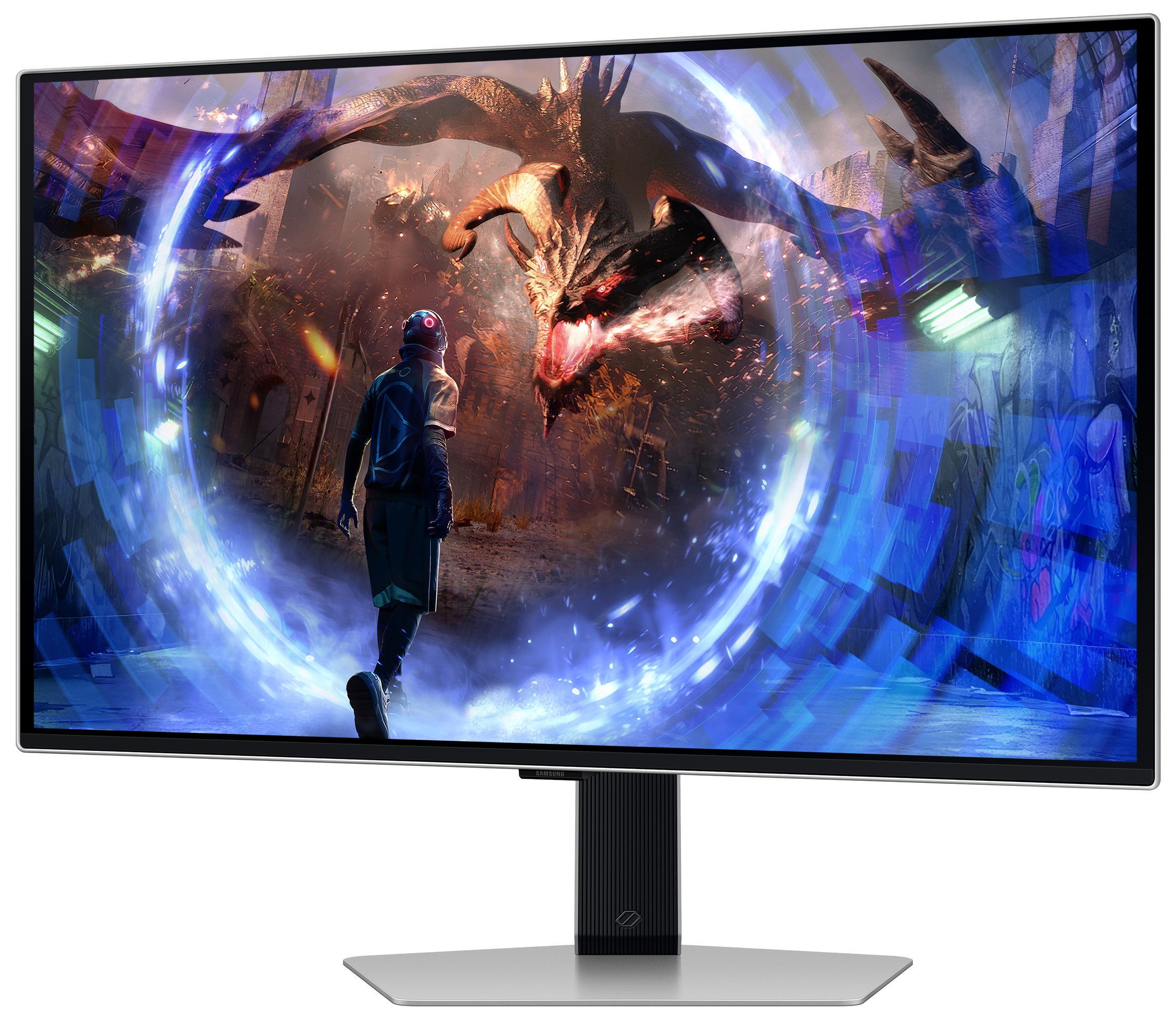 Monitor wyświetlający scenę z gry ze smokiem i postacią. Białe tło.