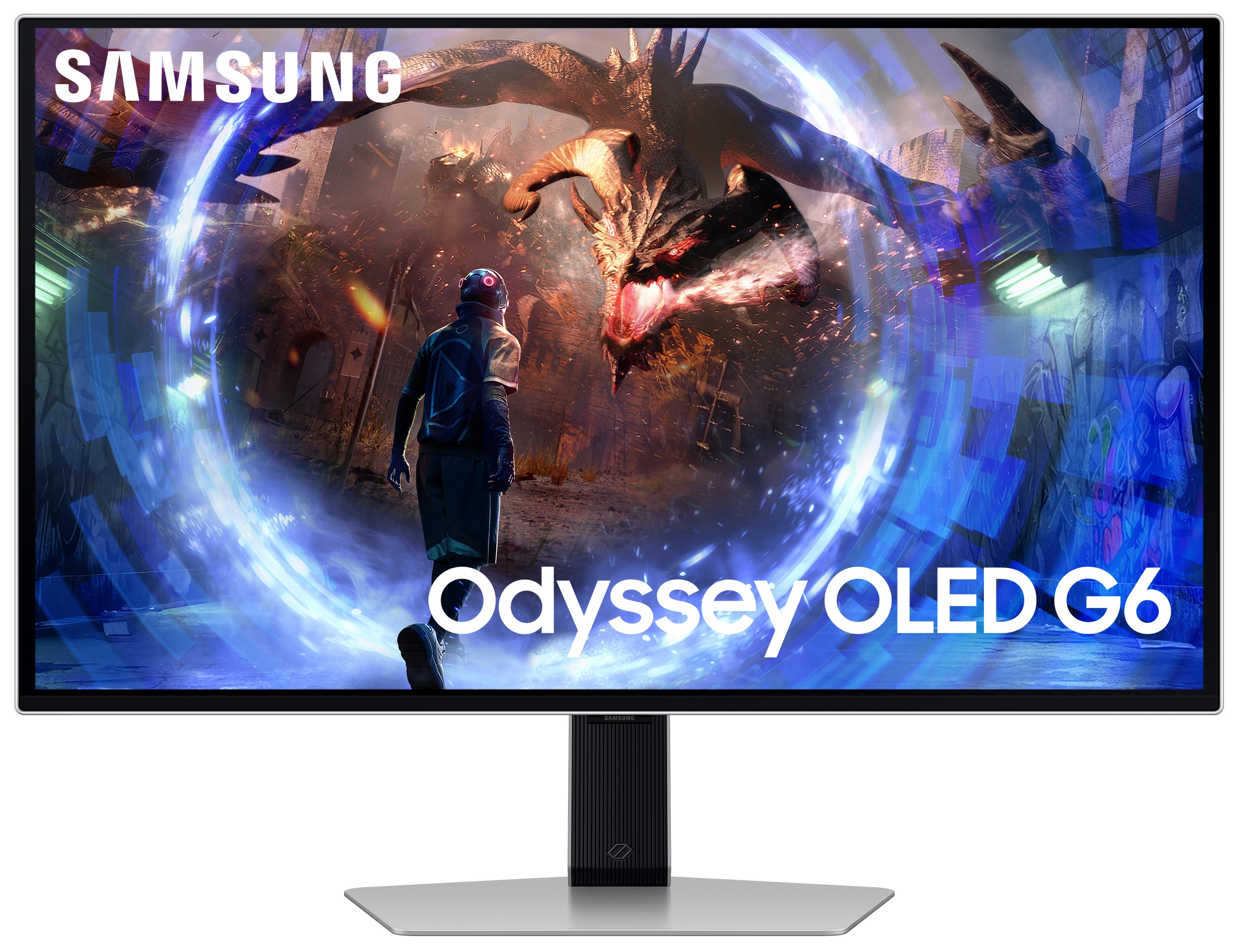 Duży, zakrzywiony monitor komputera wyświetlający scenę fantasy ze smokiem.