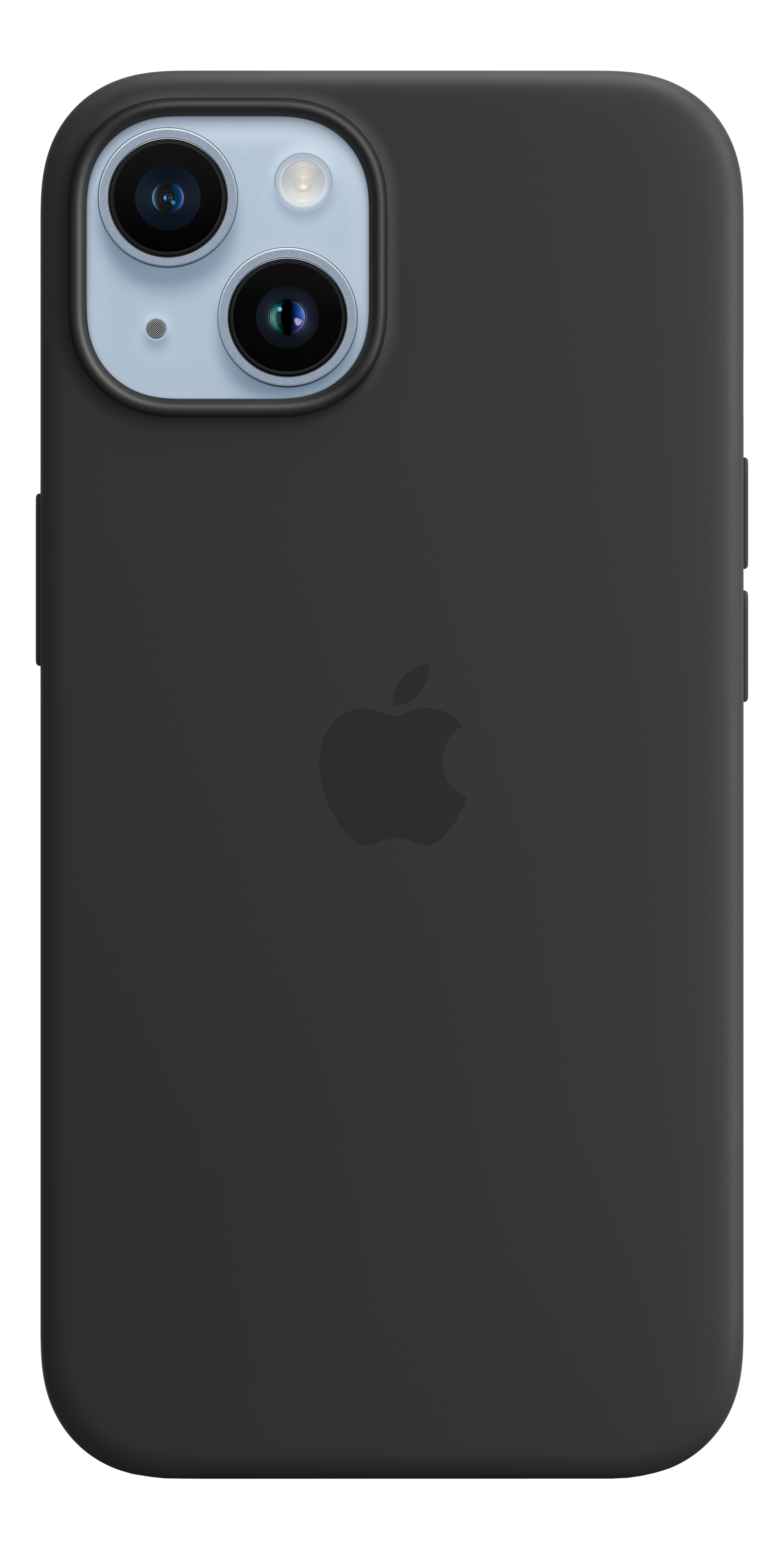 Schwarzes iPhone 14. Rückansicht mit Kameralinsen und Apple-Logo. Das Telefon ist zentriert.