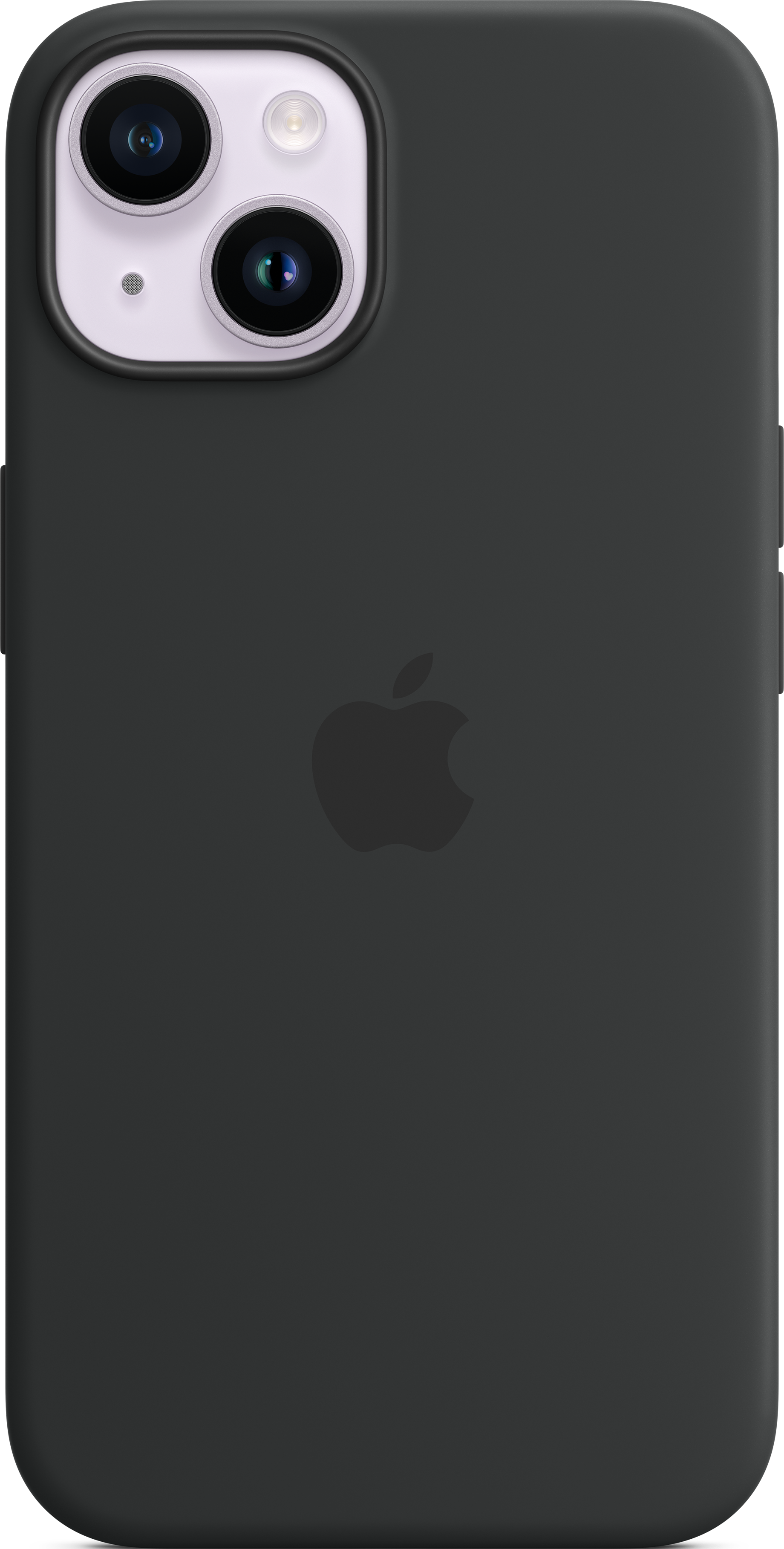 Schwarzes iPhone mit Apple-Logo, in schwarzer Hülle. Die Kameralinsen sind sichtbar.