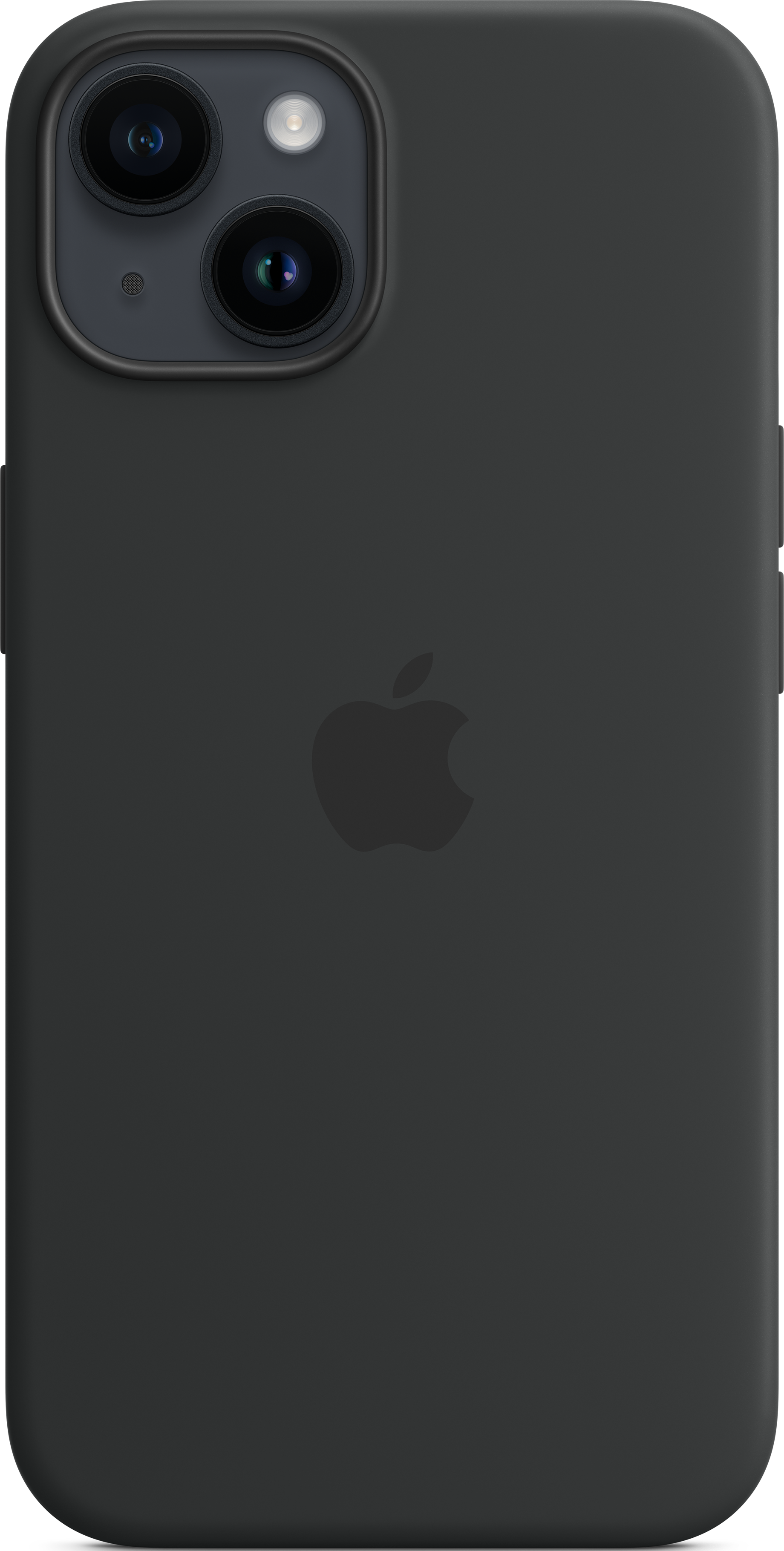 Schwarzes iPhone mit Hülle. Das Apple-Logo ist auf der Rückseite sichtbar.
