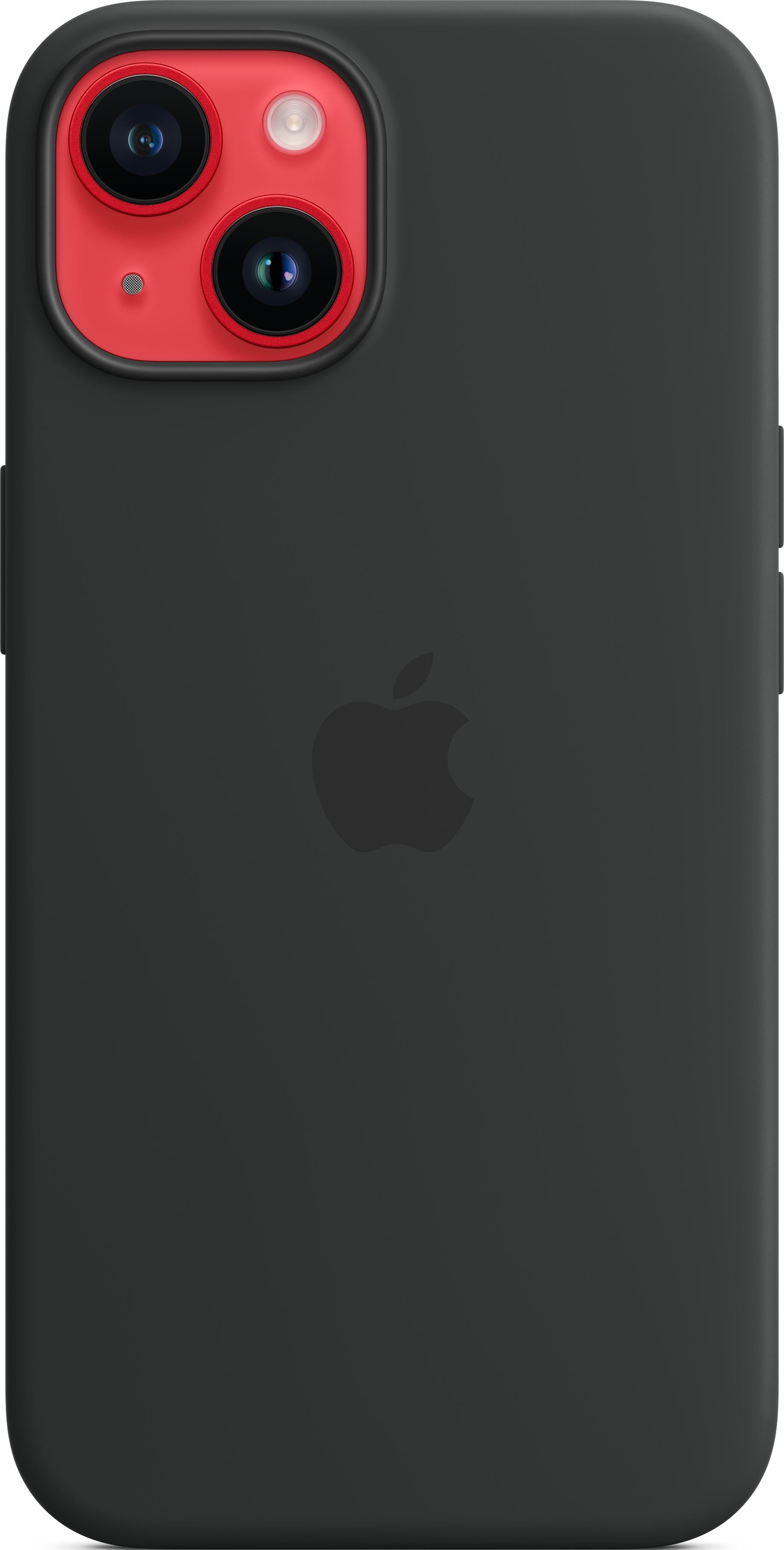 Ein schwarzes iPhone mit roter Kamerahöcker, mit dem Apple-Logo.