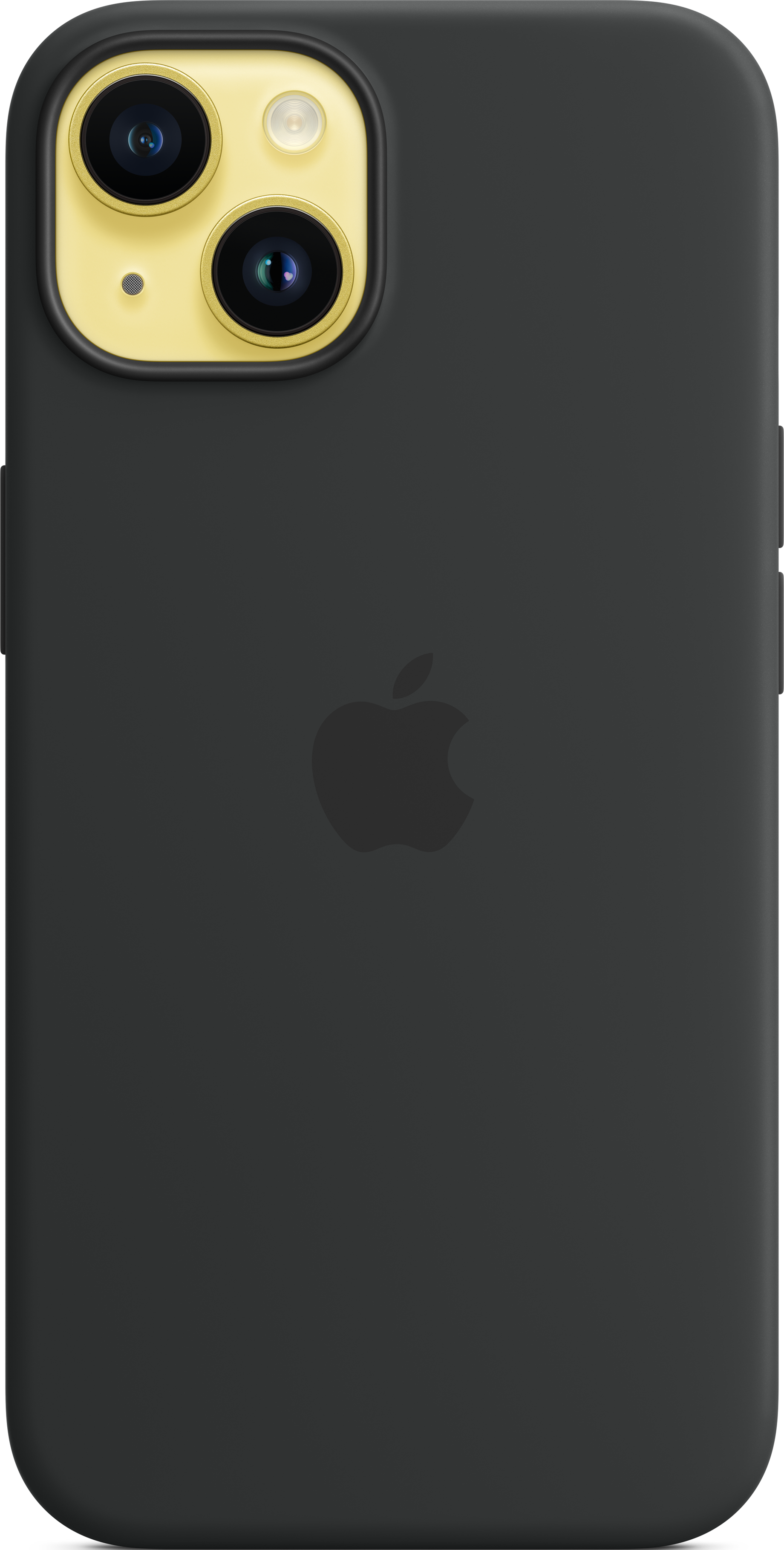 Ein schwarzes iPhone mit einer schwarzen Hülle, mit einer Kamera und dem Apple-Logo sichtbar.