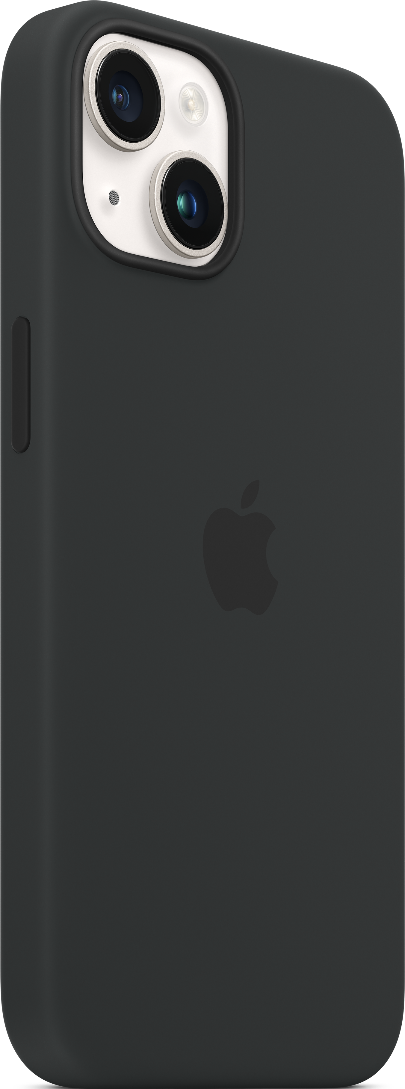 Eine schwarze iPhone-Hülle mit Doppelkamera und mittigem Apple-Logo.