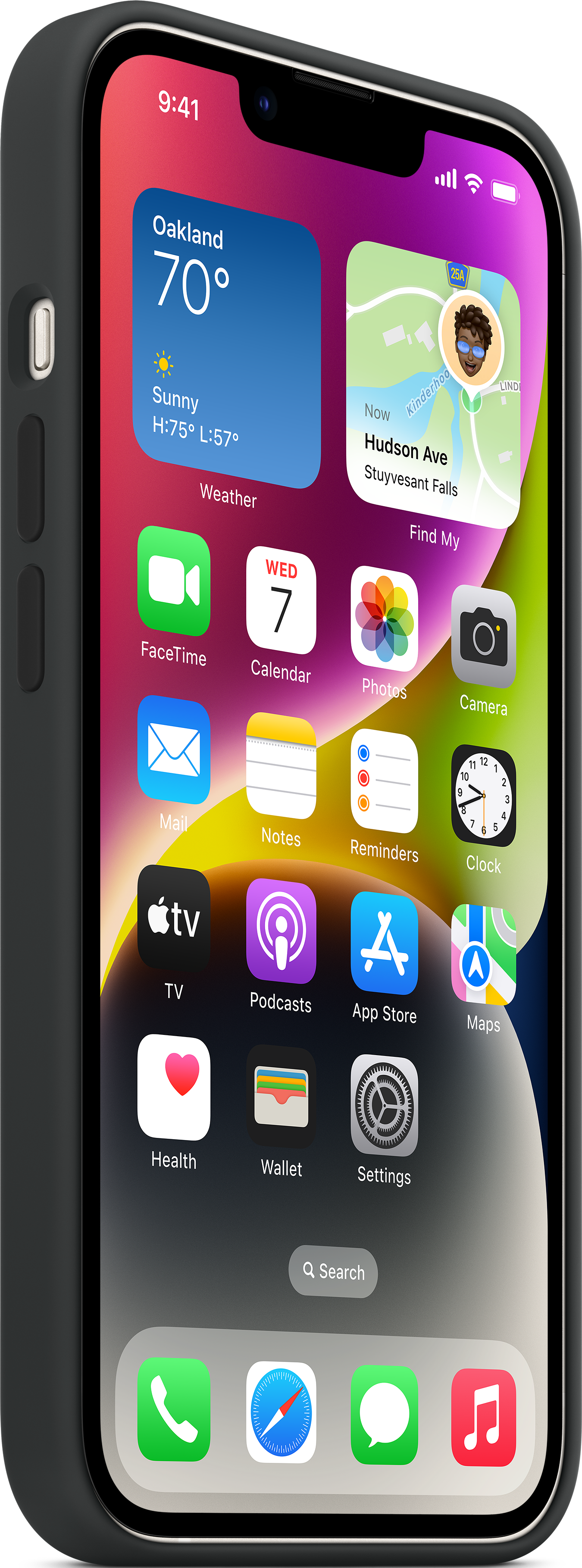 iPhone 13 in schwarzem Gehäuse, zeigt den Startbildschirm.
