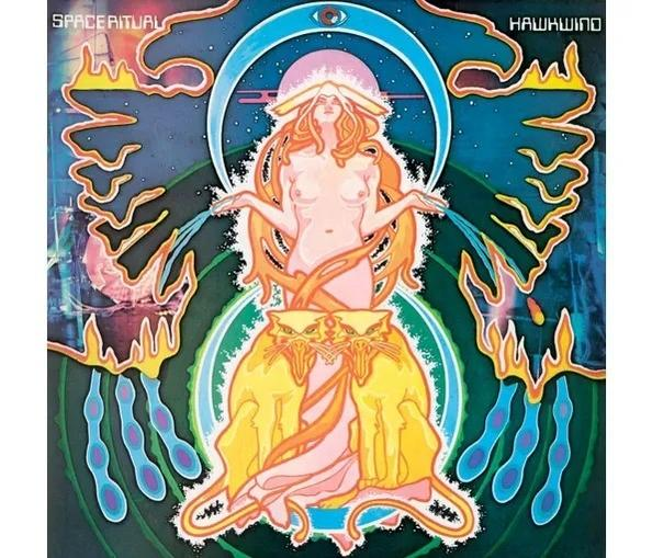 Albumcover mit einer nackten Frauenfigur, blauem Hintergrund und den Texten 'SPACE RITUAL' und 'HAWKWIND'.