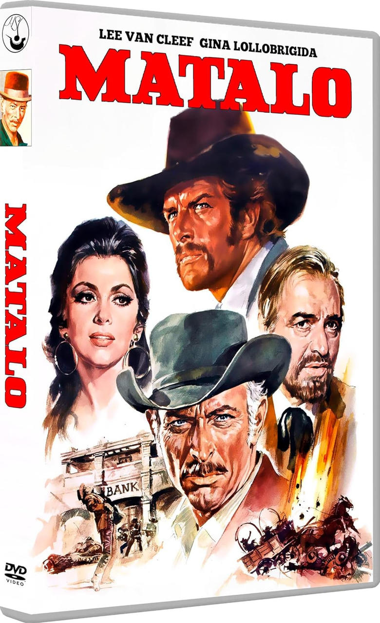 Westernfilmplakat mit vier Gesichtern, einer Bank und einer Kutsche.