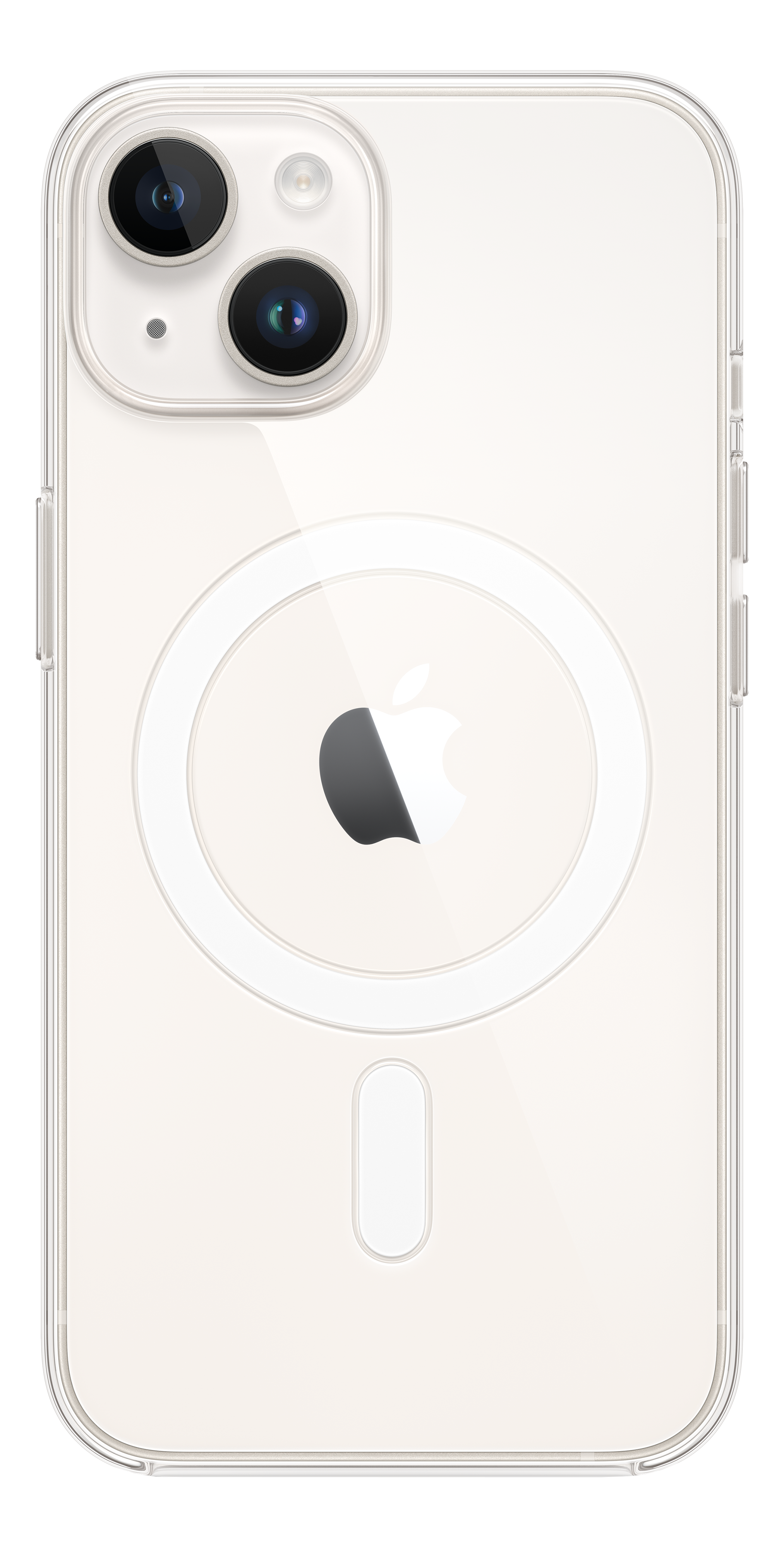 Rückseite eines weißen iPhones mit transparentem Gehäuse. Apple-Logo in einem weißen Kreis. Zwei Kameralinsen.