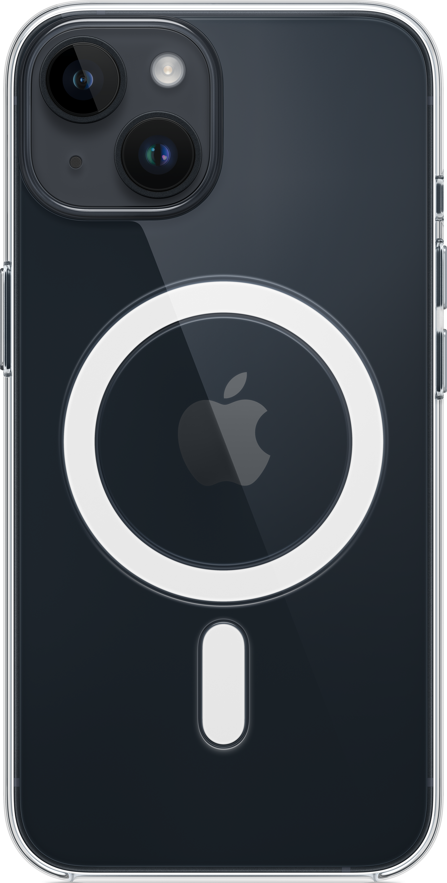 Eine transparente Handyhülle mit weißem Ring zum kabellosen Laden und Apple-Logo.