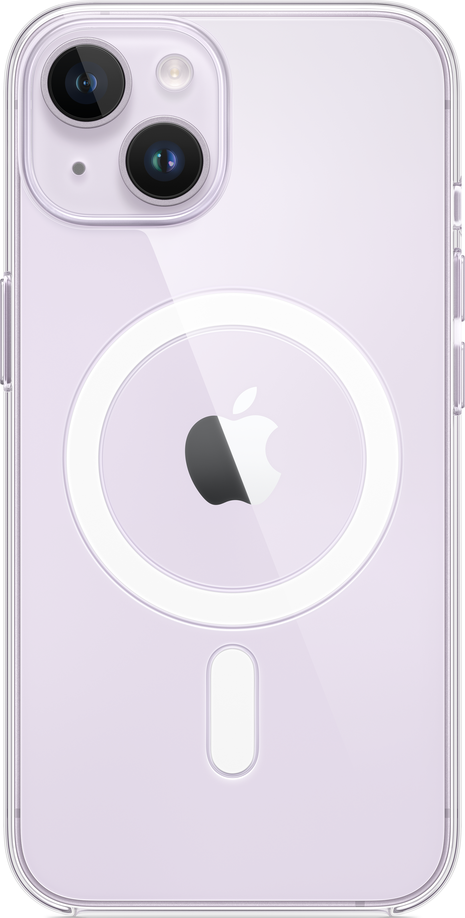 Lila iPhone-Rückseite. Klare Hülle mit Apple-Logo und MagSafe-Ring. Dual-Kamera-Array.