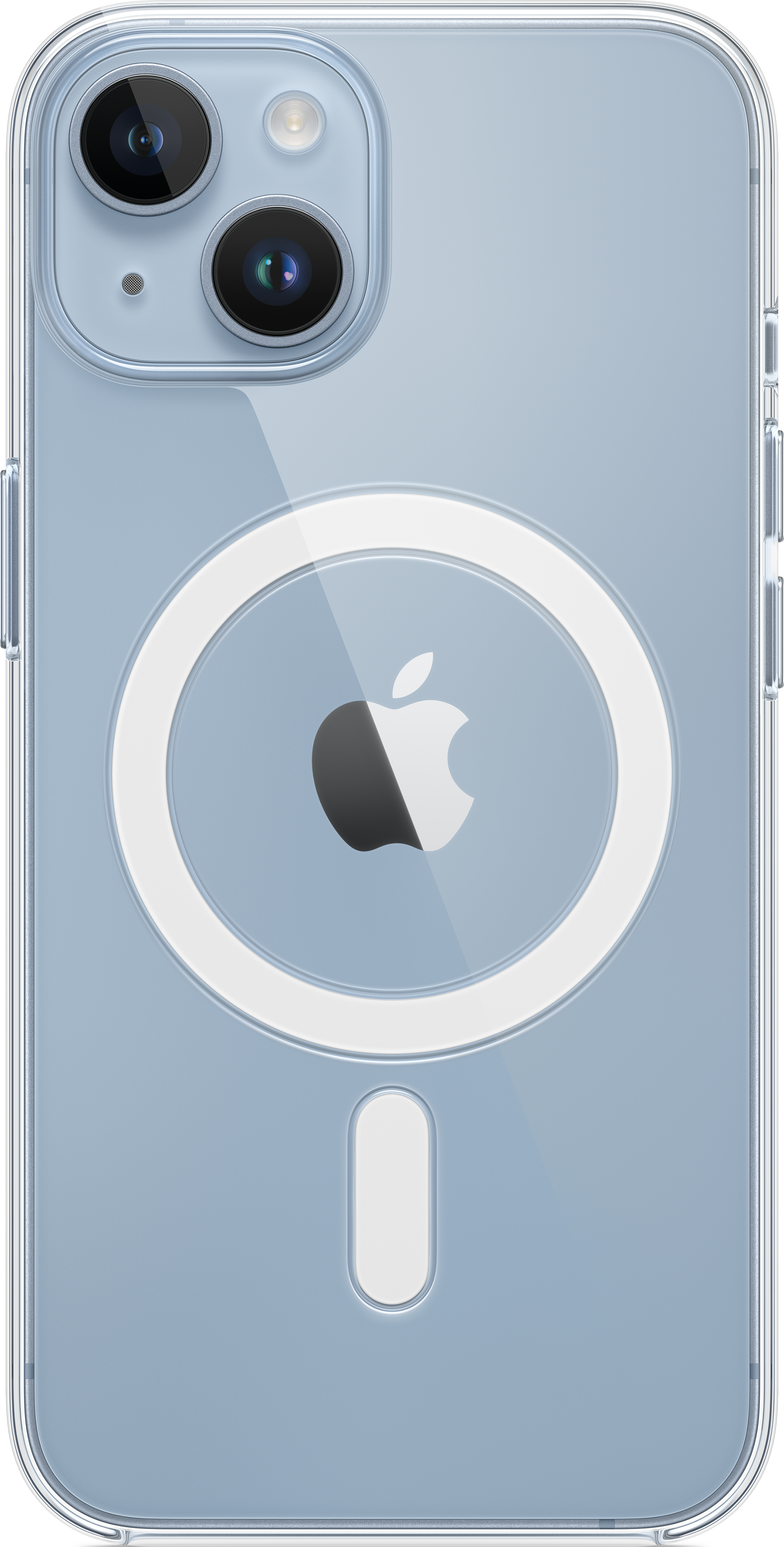 Rückseite einer transparenten blauen iPhone-Hülle mit weißem MagSafe-Ring und Apple-Logo.