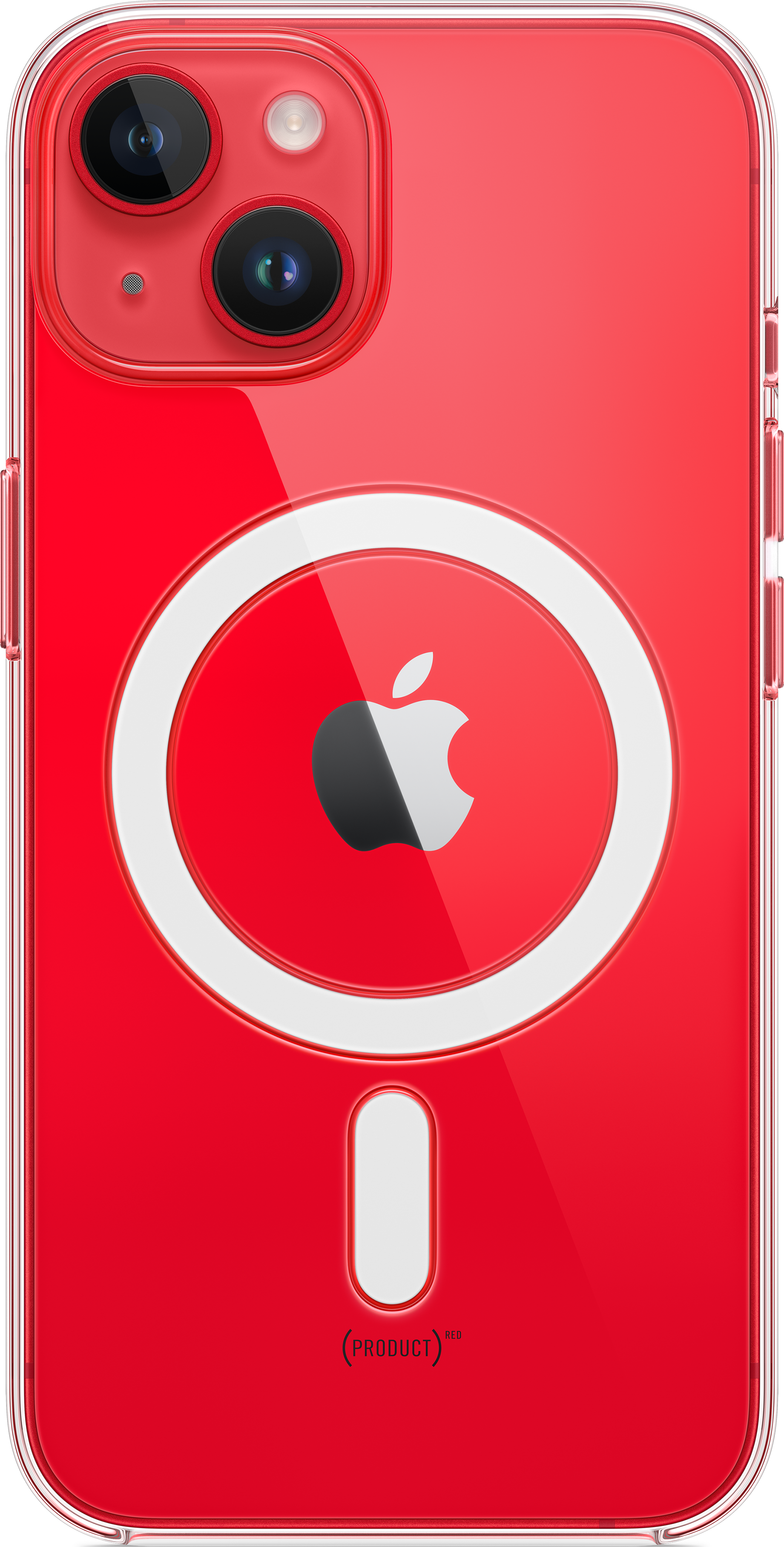 Rote iPhone-Hülle mit MagSafe. Die Rückseite des Telefons ist durch die Hülle sichtbar. Apple-Logo in Weiß.